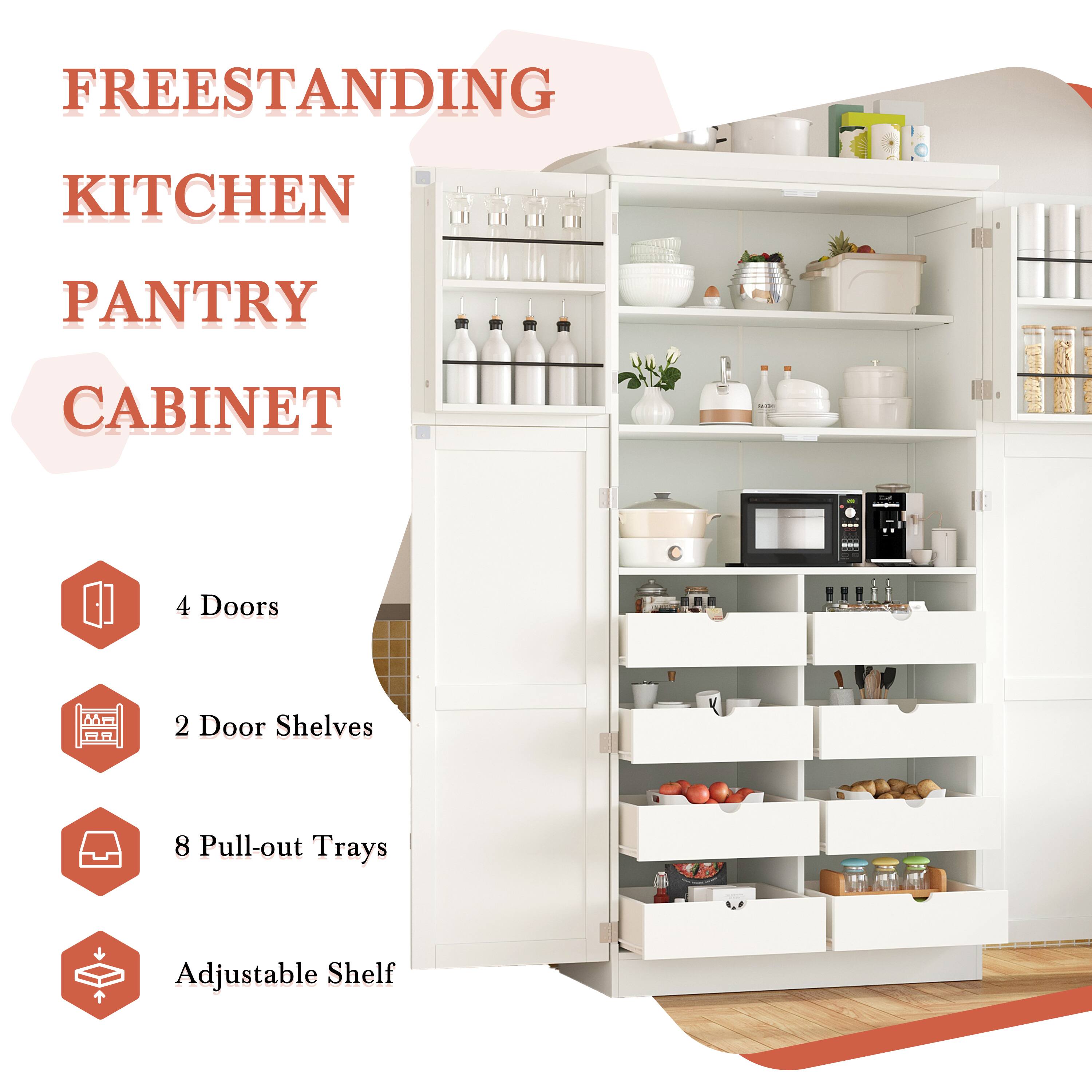 FREESTANDING KITCHEN PANTRY CABINET  
- 4 Doors  
- 2 Door Shelves  
- 8 Pull-out Trays  
- Adjustable Shelf
