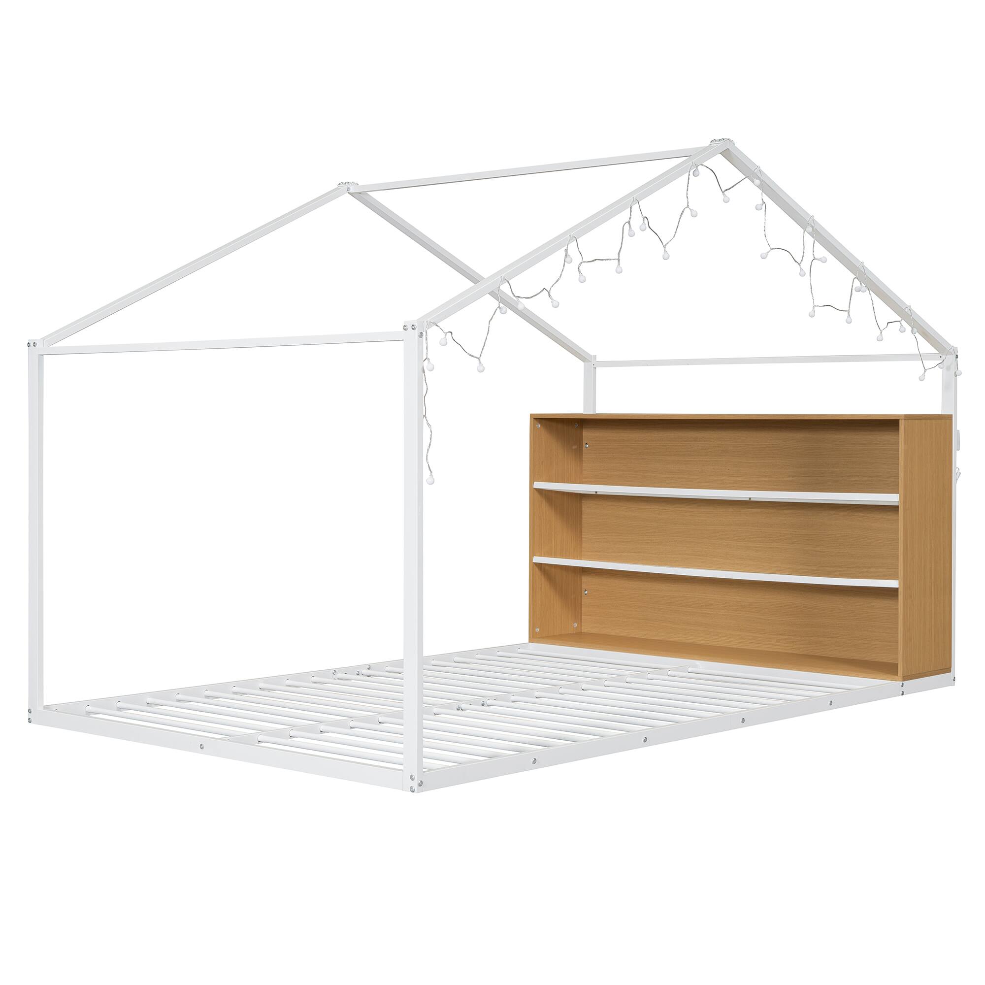Alt View 4. GOODSILO - Full Size Metal House Bed Frame with Shelves and Lights - White.