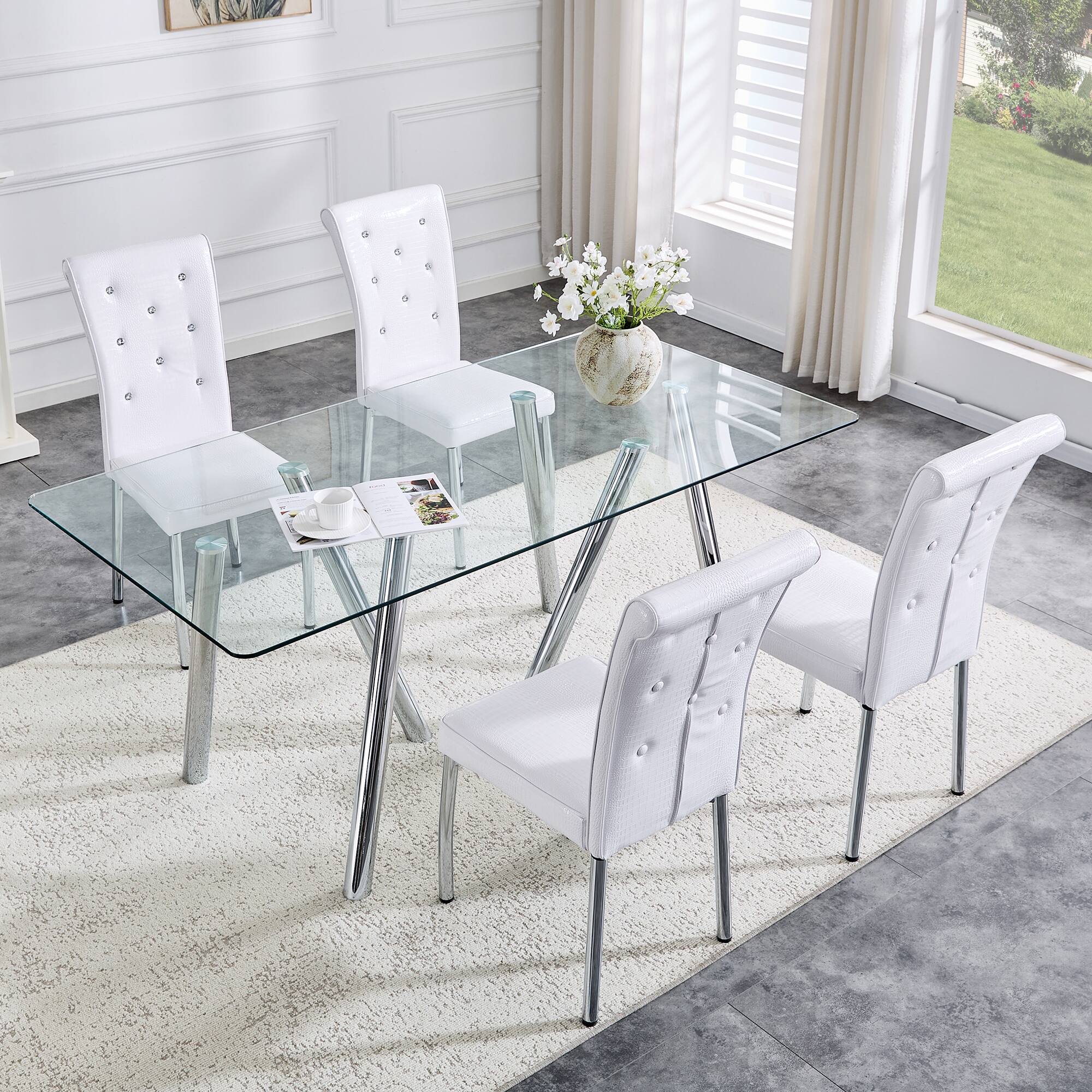 Alt View 10. Loheer - Loheer- 5.9ft Modern Tempered Glass Dining Table Heavy Duty Metal Legs Rectangular Kitchen Furniture - White.