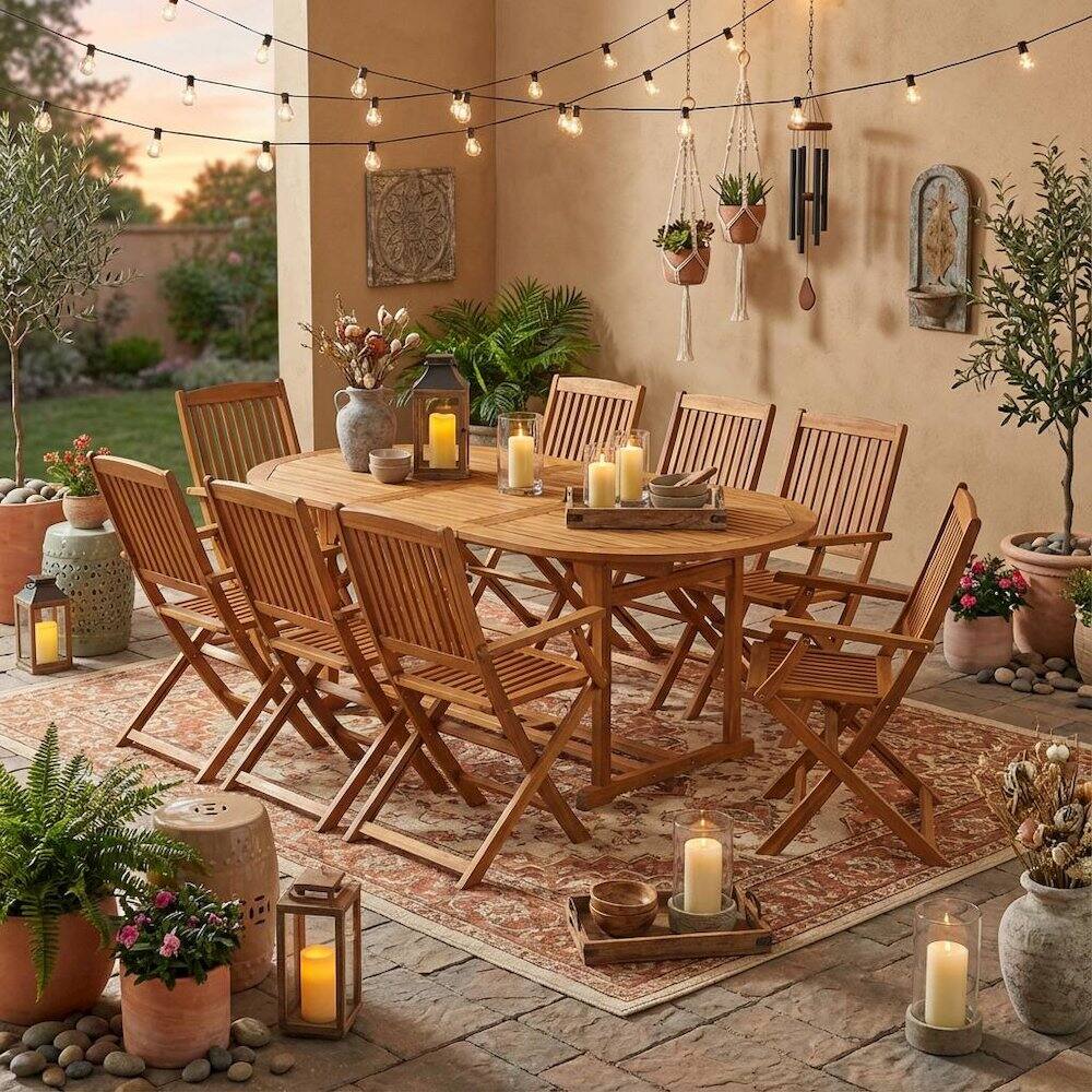 Alt View 2. Outdoor Escape - Wooden Patio Set Oil Finish Durable Outdoor Dining Table with 8 Chairs - Brown.