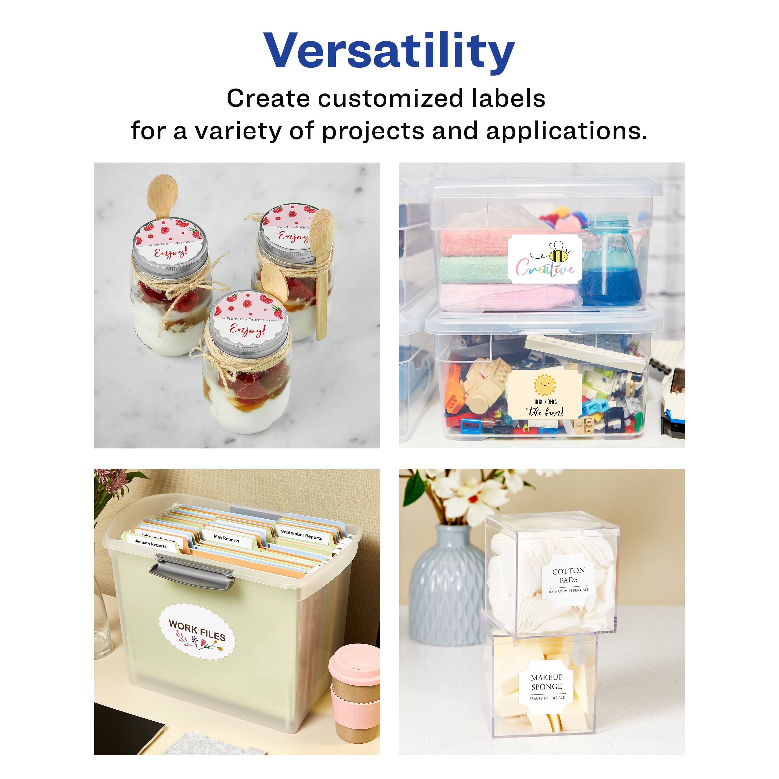 Versatility  
Create customized labels for a variety of projects and applications.

- Enjoy!  
- Creative  
- WORK FILES  
- COTTON PADS  
- MAKEUP SPONGE