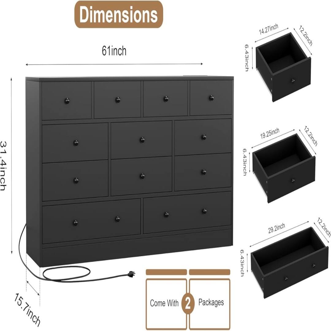 Dimensions:
- 61 inch (width)
- 31.4 inch (height)
- 15.7 inch (depth)

Drawer Dimensions:
- 6.43 inch (width) x 14.27 inch (depth) x 12.2 inch (height)
- 6.43 inch (width) x 19.25 inch (depth) x 12.2 inch (height)
- 6.43 inch (width) x 29.2 inch (depth) x 12.2 inch (height)

Comes with 2 packages.
