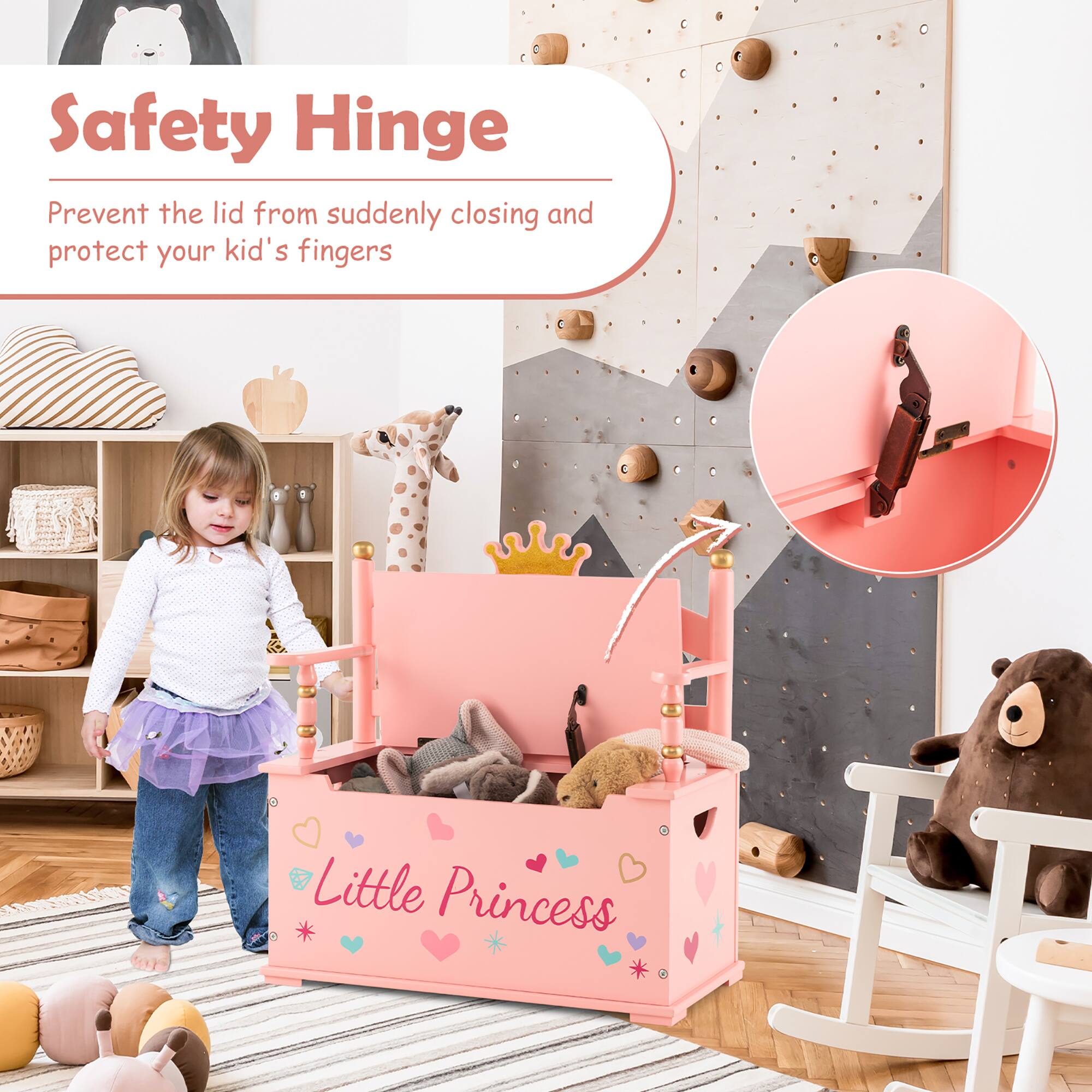 Safety Hinge

Prevent the lid from suddenly closing and protect your kid's fingers

Little Princess