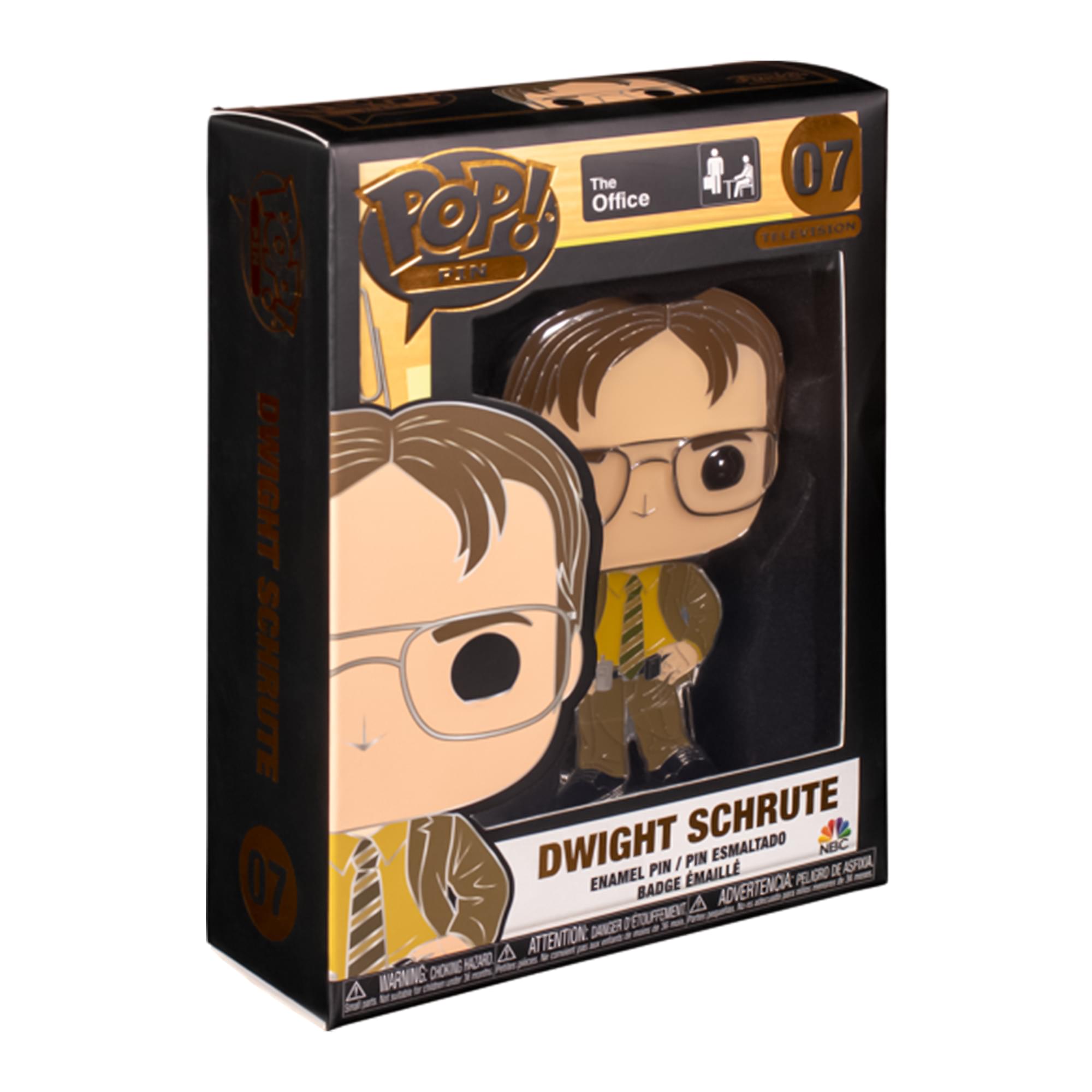 The Office  
07  
Dwight Schrute  
Enamel Pin / Pin Esmaltado  
Ridge Enamel / Émaille  
NBC  
Attention: Danger / Advertencia: Peligro  
Warning: Choking Hazard / Attention: Danger de suffocation