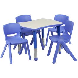 Emma + Oliver - 21.875"W x 26.625"L Rectangular Plastic Height Adjustable Activity Table Set with 4 Chairs - Blue