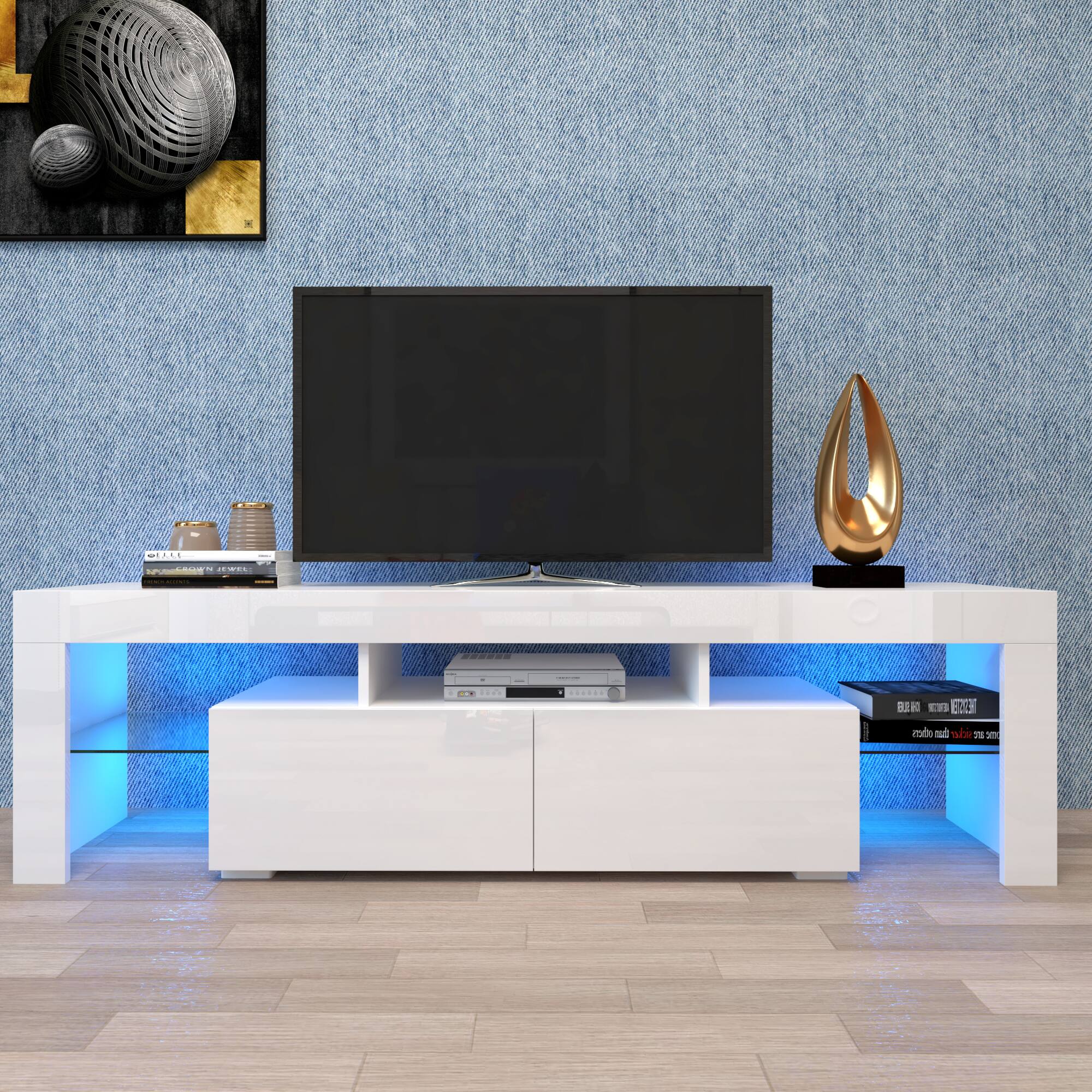 GOODSILO - Modern Entertainment Center with LED Lights, Fits Up to 70 Inch TVs - White