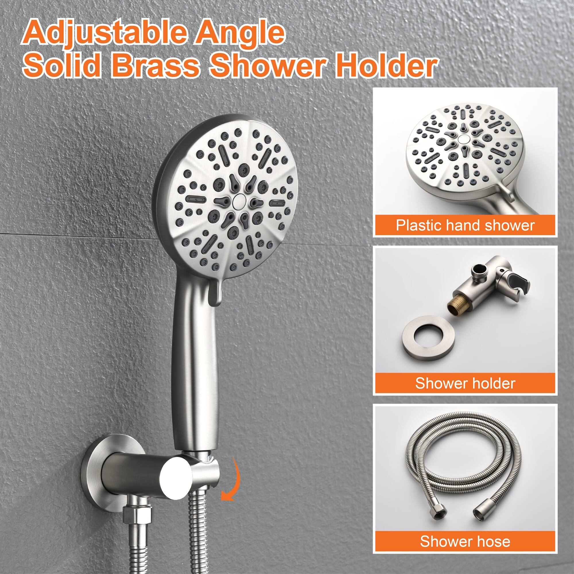 Adjustable Angle Solid Brass Shower Holder

- Plastic hand shower
- Shower holder
- Shower hose