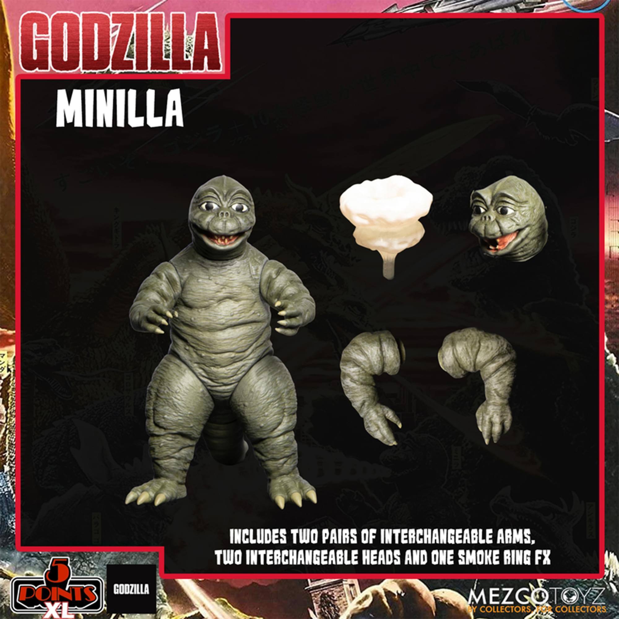 GODZILLA MINILLA 5 POINTS GOOZILLA XL INCLUDES TWO PAIRS OF INTERCHANGEABLE ARMS, TWO INTERCHANGEABLE HEADS AND ONE SMOKE RING FX MEZCOTOYZ WY COLLECTORS COLLECTORS
