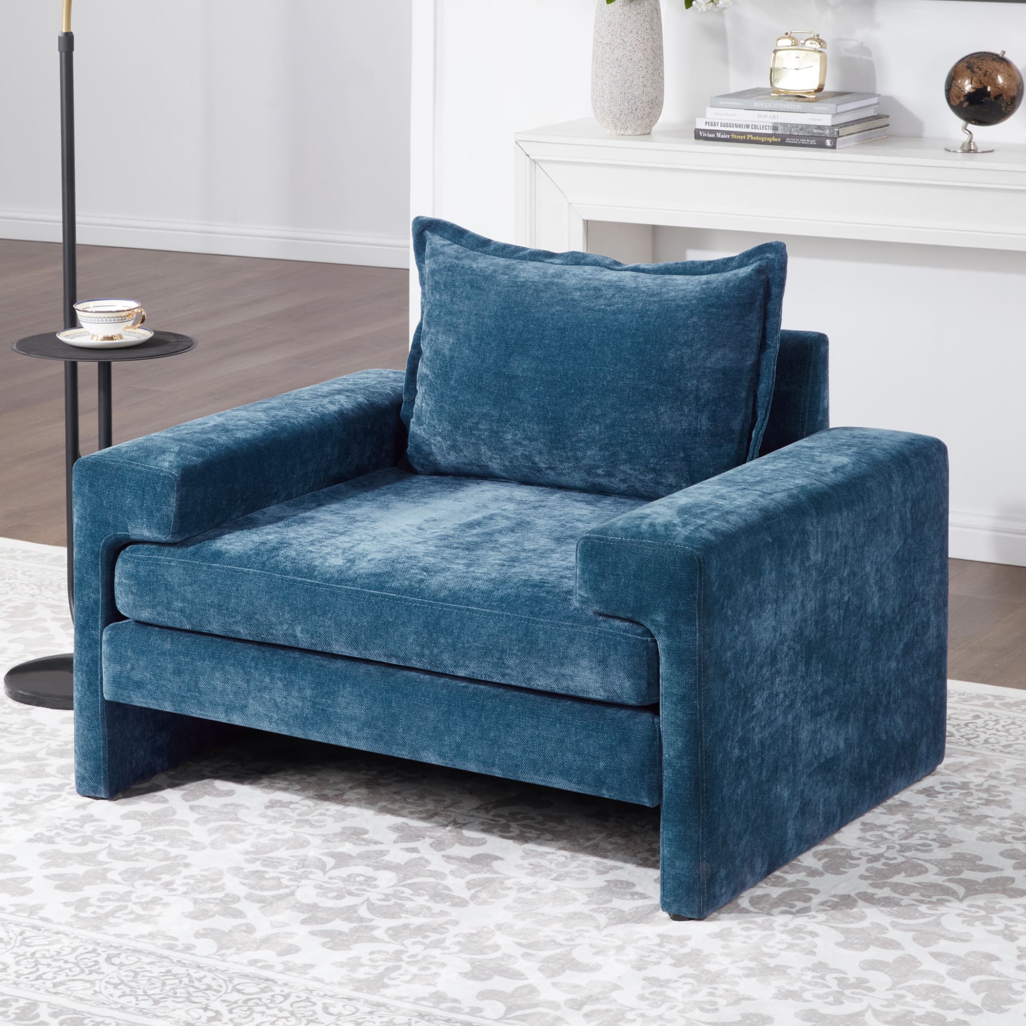 TinyHomie - Chenille Upholstered Accent Armchair Wide Armrests Ergonomic Back - Blue