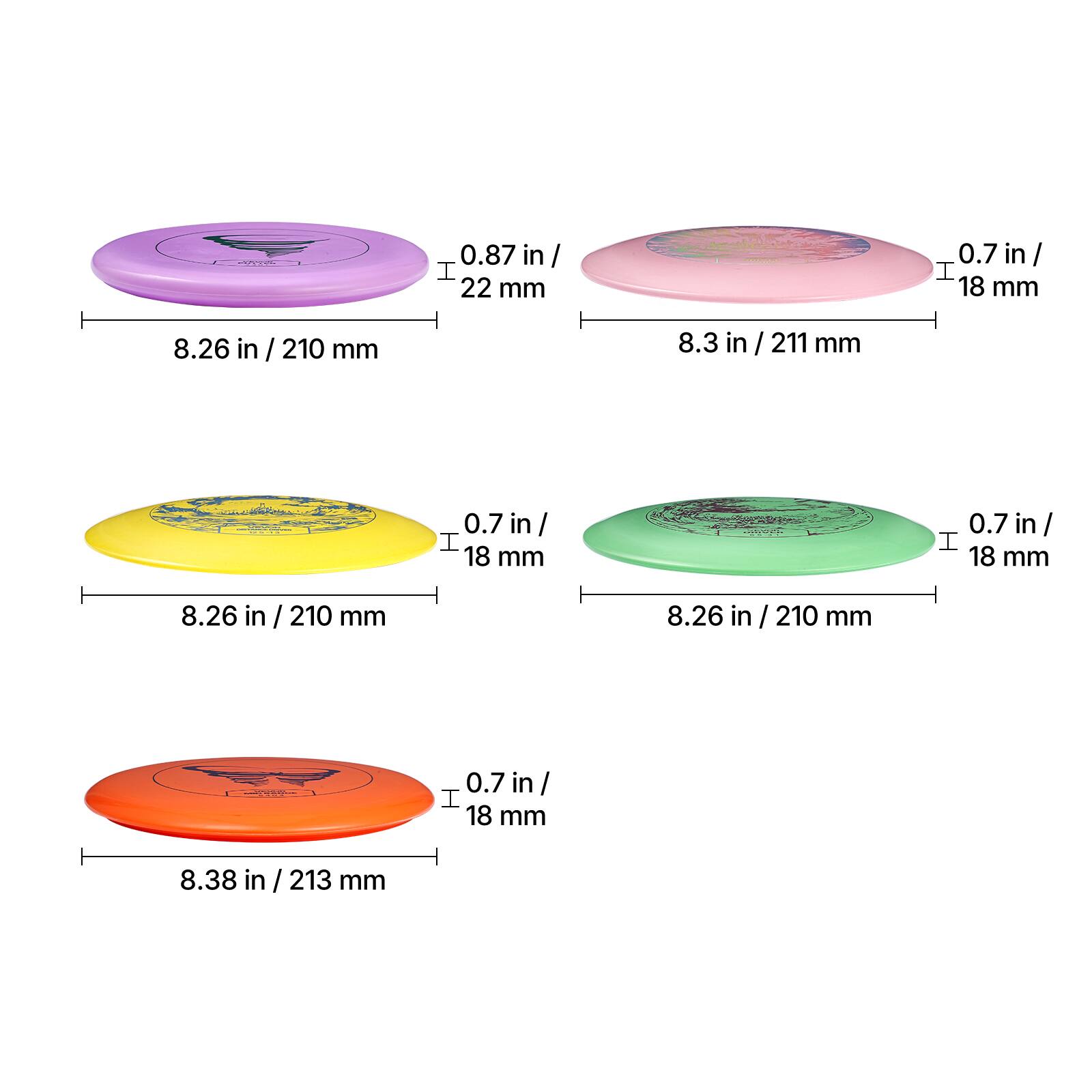 - 0.87 in / 22 mm
- 8.26 in / 210 mm

- 0.7 in / 18 mm
- 8.3 in / 211 mm

- 0.7 in / 18 mm
- 8.26 in / 210 mm

- 0.7 in / 18 mm
- 8.26 in / 210 mm

- 0.7 in / 18 mm
- 8.38 in / 213 mm