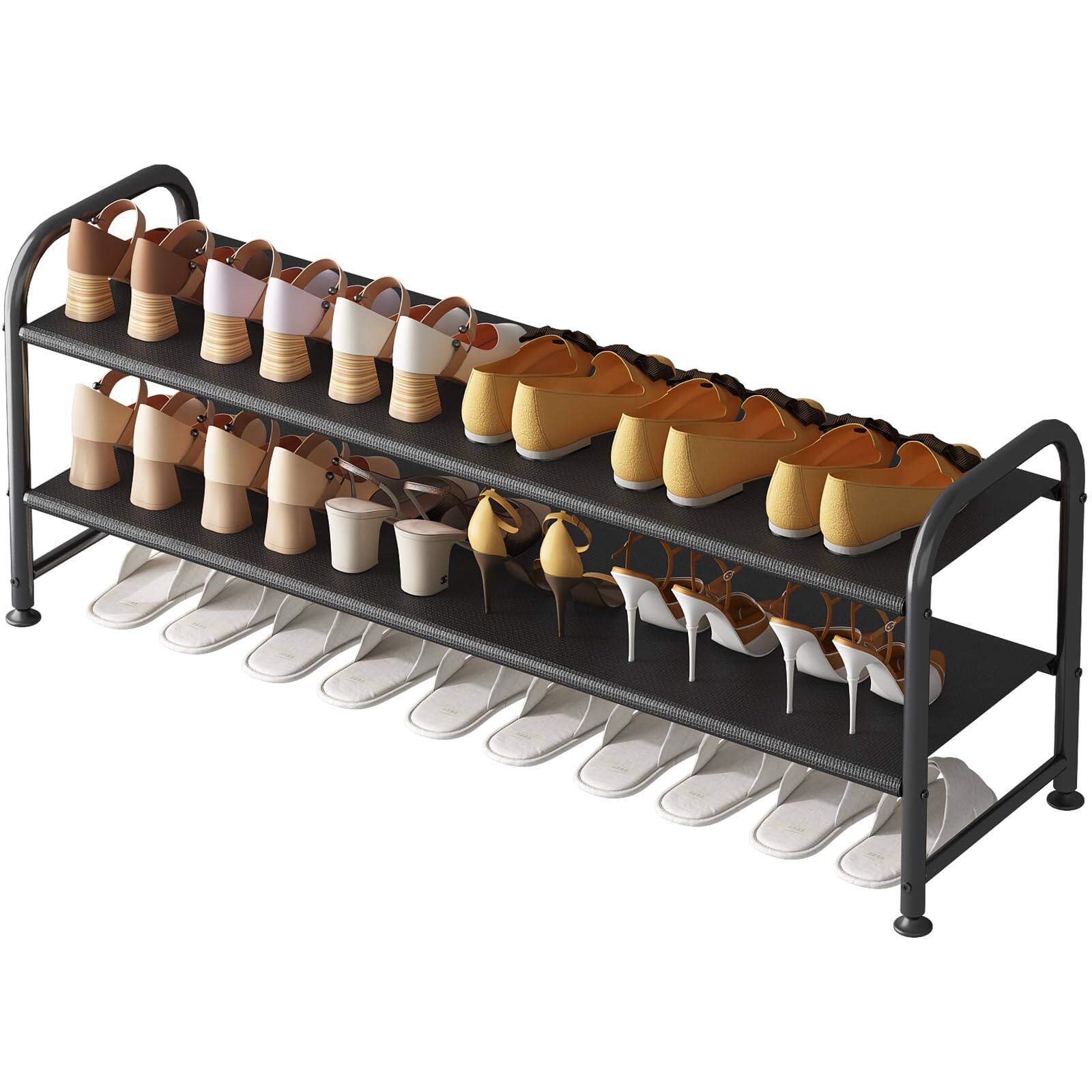 Front. Hanke - Shoe Rack Long Storage Organizer Wide Metal Shelf For Closet Entryway Black - Black 2 Tier.