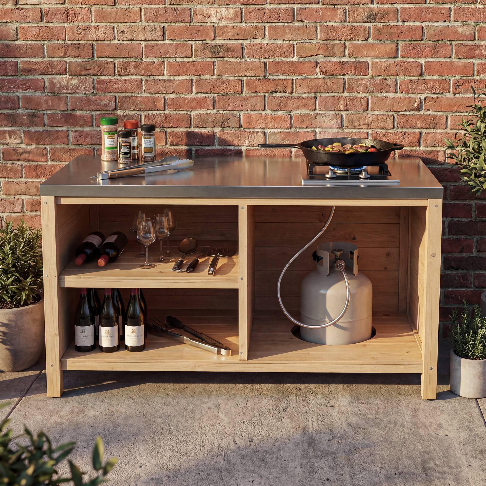 Alt View 9. Famapy - Modular Solid Cedar Outdoor Kitchen Cabinets - All-Weather Storage with Stainless Steel Top for Patio, Grill Station - Wooden.