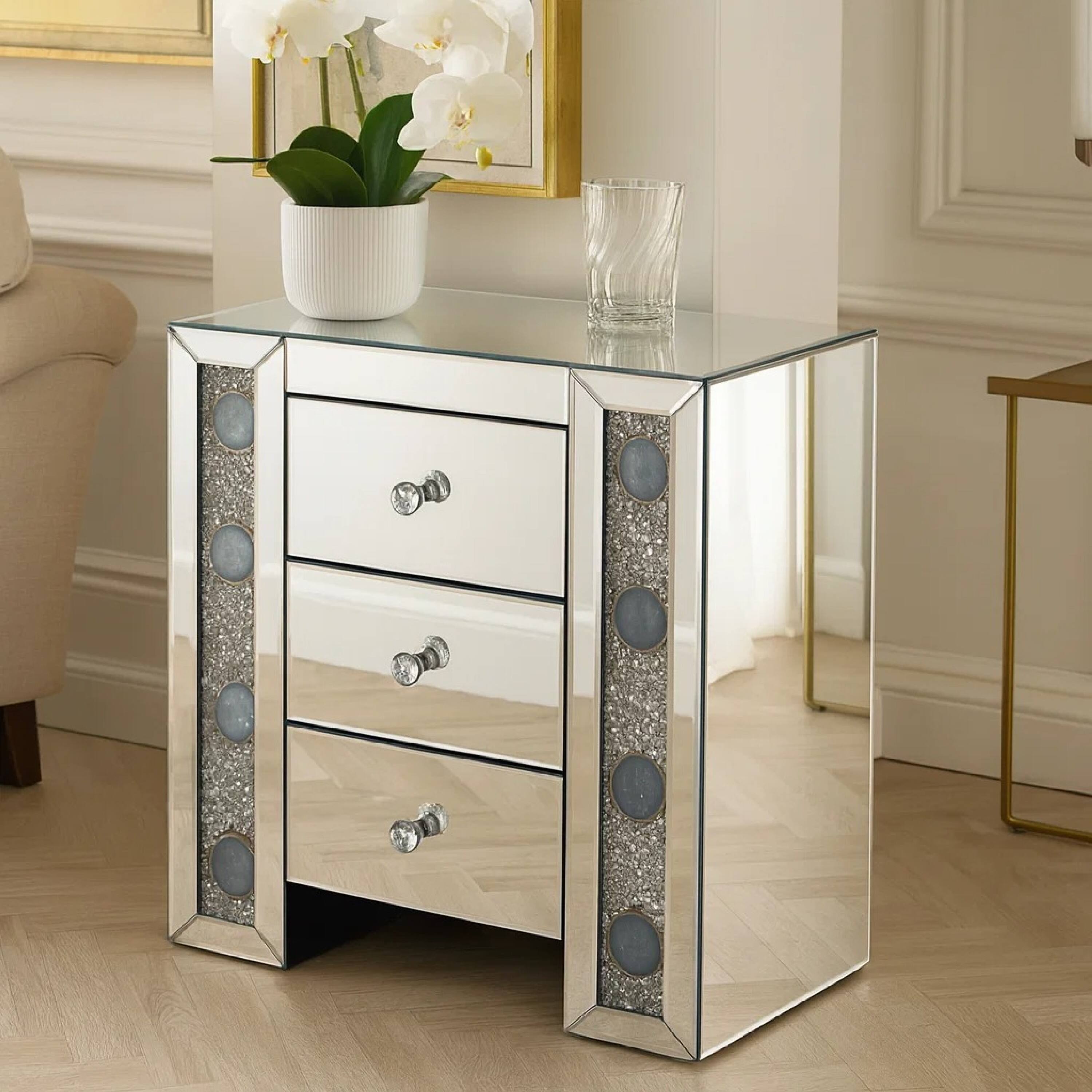 Alt View 6. Manhattan Lane - Wood & Mirror Nightstand with Agate Inserts - Silver.