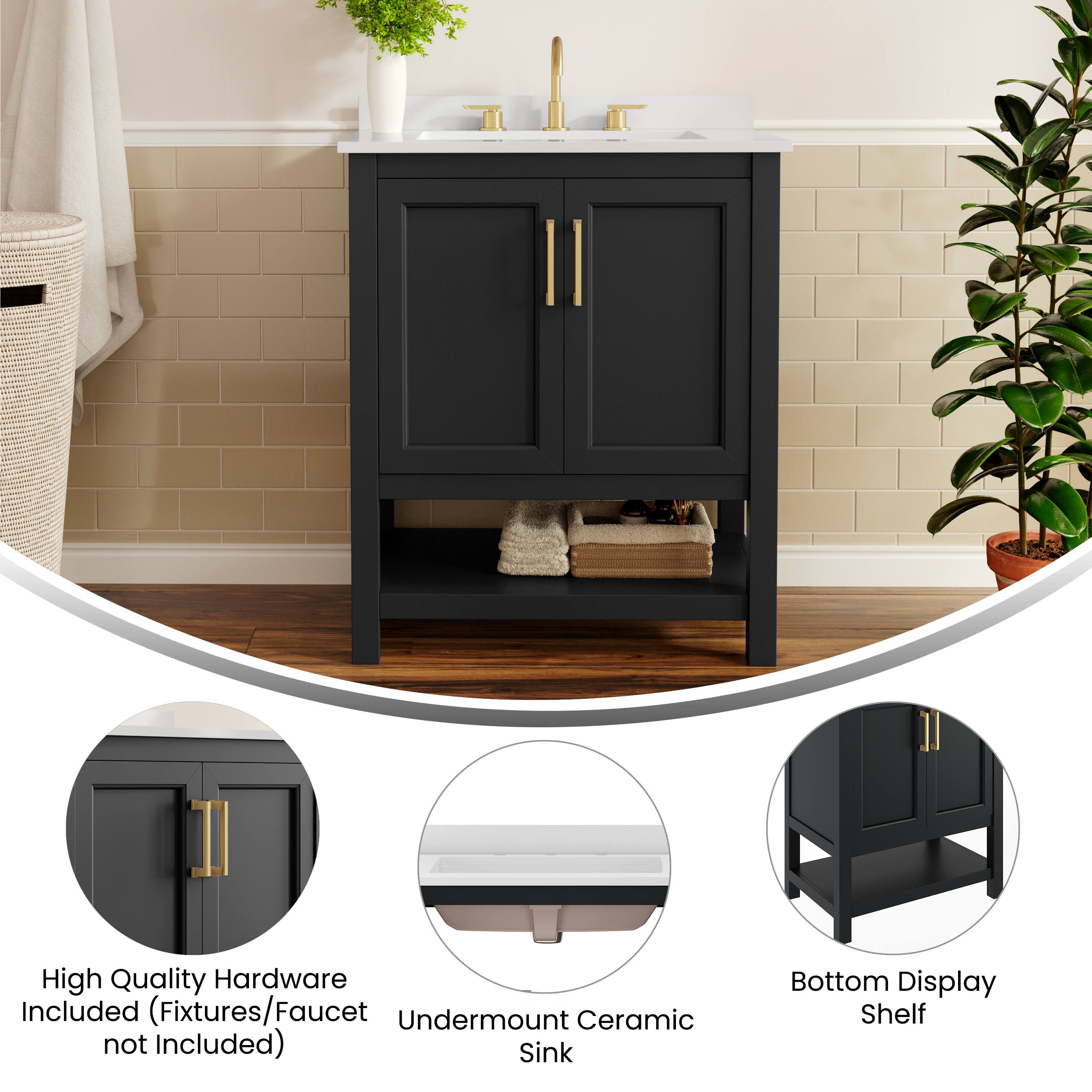High Quality Hardware Included (Fixtures/Faucet not Included)  
Undermount Ceramic Sink  
Bottom Display Shelf