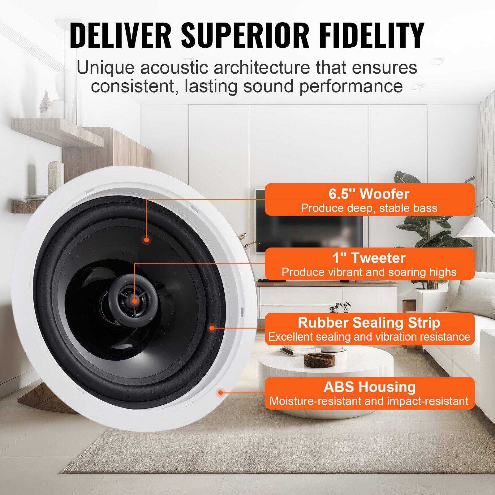 DELIVER SUPERIOR FIDELITY

Unique acoustic architecture that ensures consistent, lasting sound performance

- 6.5" Woofer
  Produce deep, stable bass

- 1" Tweeter
  Produce vibrant and soaring highs

- Rubber Sealing Strip
  Excellent sealing and vibration resistance

- ABS Housing
  Moisture-resistant and impact-resistant