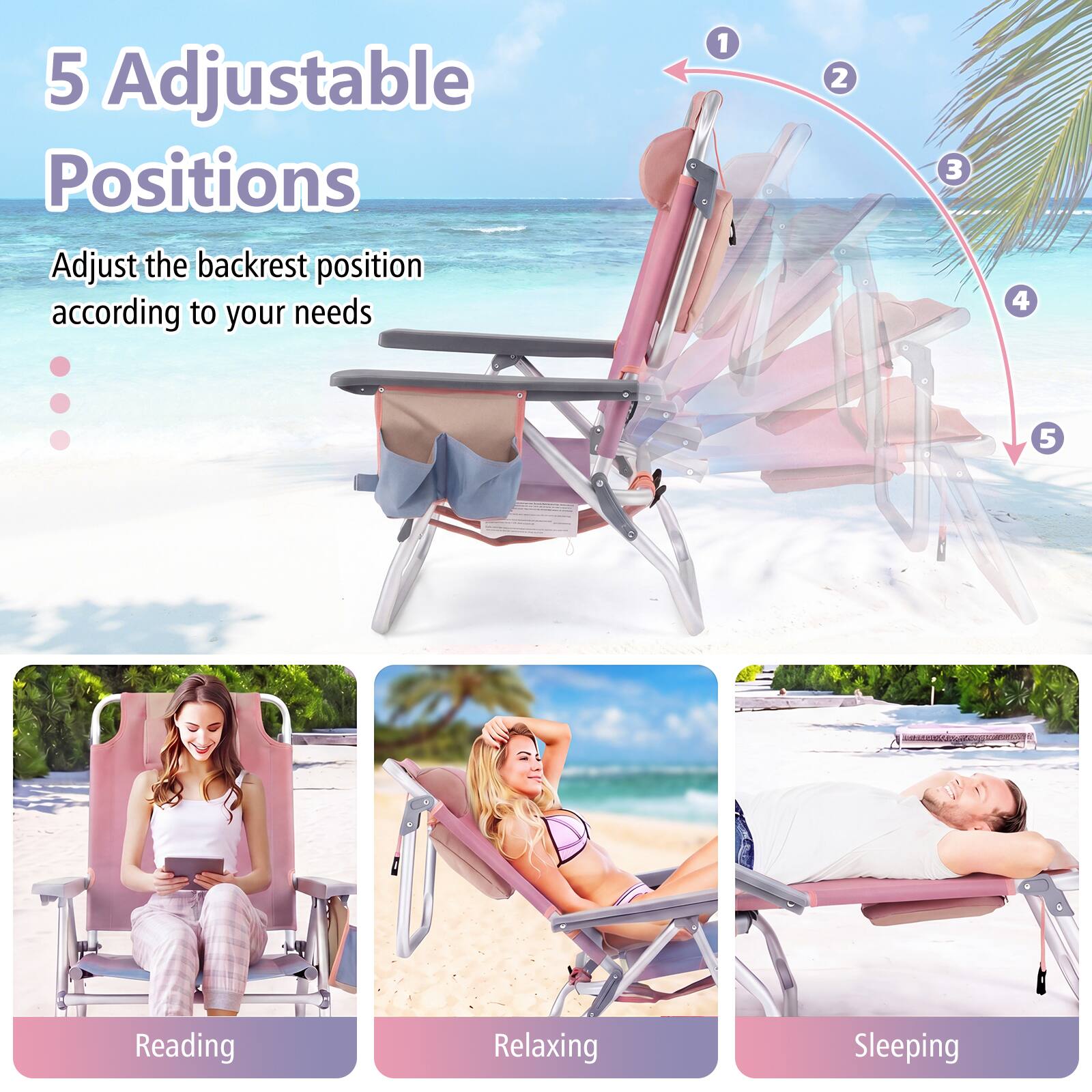5 Adjustable Positions  
Adjust the backrest position according to your needs

1  
2  
3  
4  
5

Reading  
Relaxing  
Sleeping