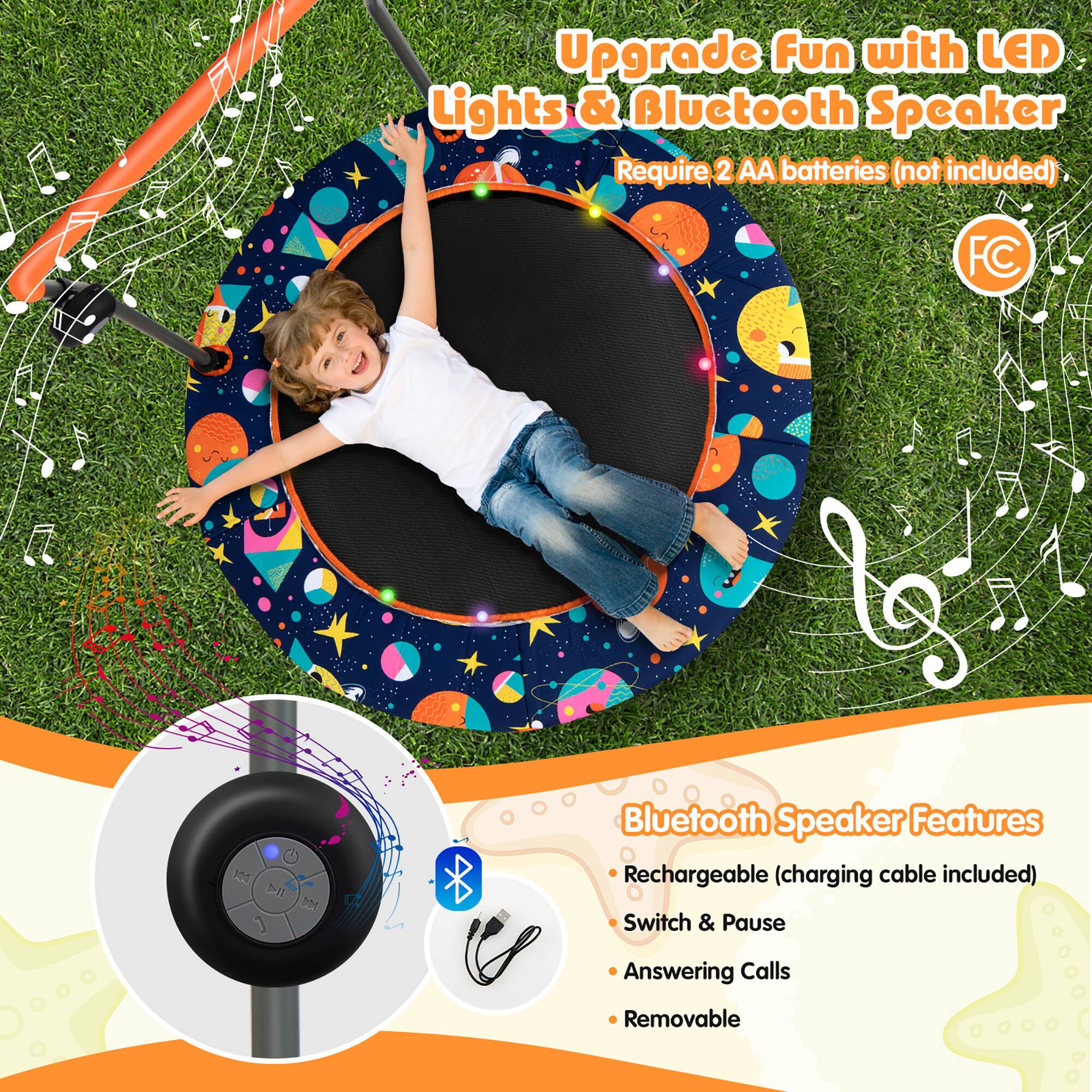 Upgrade Fun with LED Lights & Bluetooth Speaker  
Require 2 AA batteries (not included)  

Bluetooth Speaker Features  
- Rechargeable (charging cable included)  
- Switch & Pause  
- Answering Calls  
- Removable