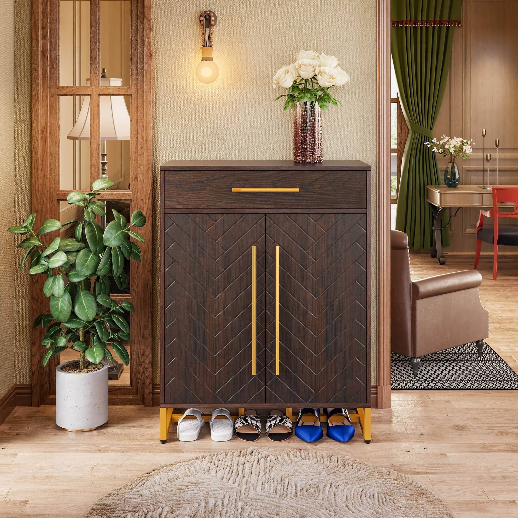Front. Tribesigns - Office Storage Cabinet, For Everyday Organization in Workspaces and Office Reception Areas - Dark Brown.