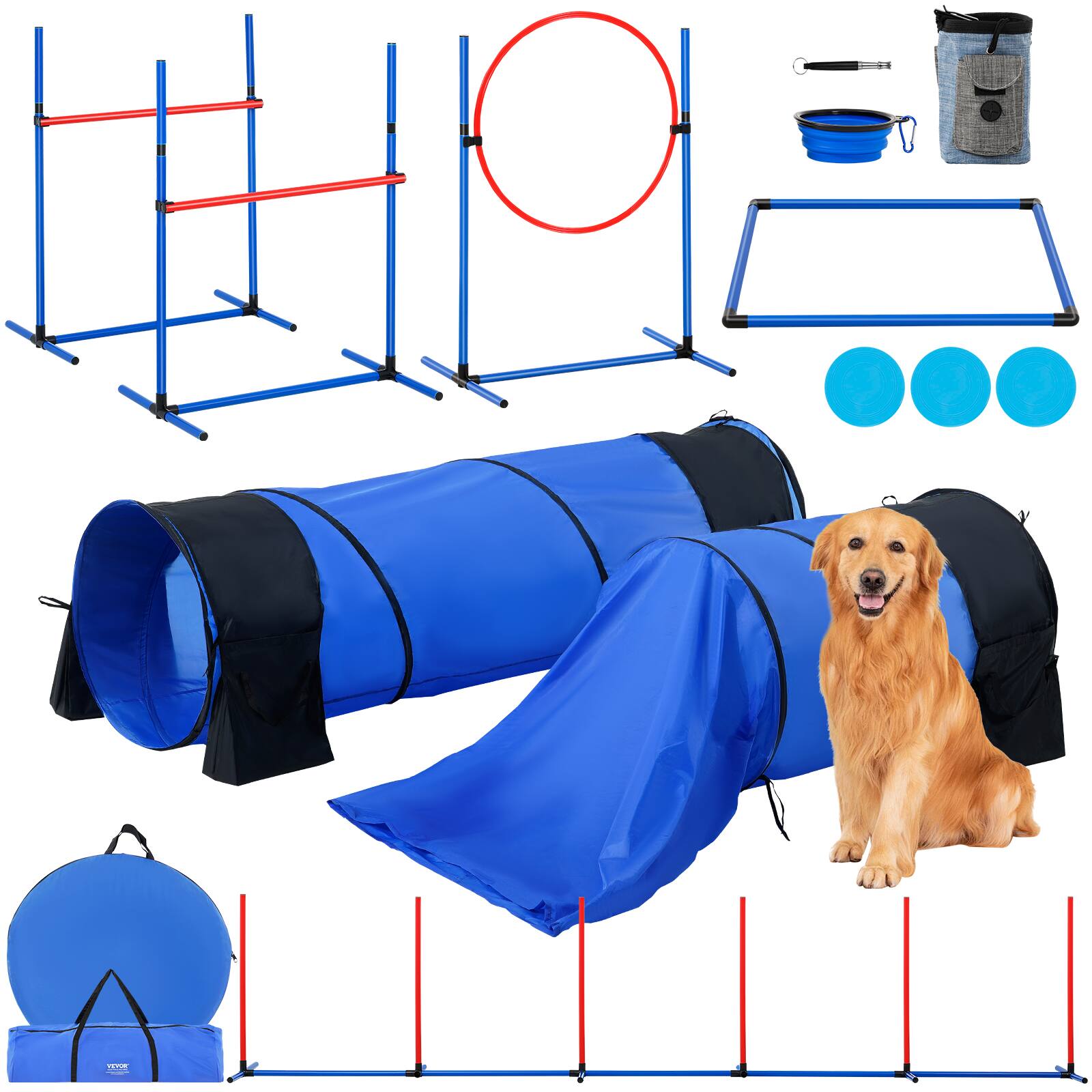 VEVOR - Dog Agility Training Equipment, 7 PCS Set w/ Adjustable High Hurdles,6 Weave Poles,2 Tunnels,Jump Ring - Red,Blue,Black