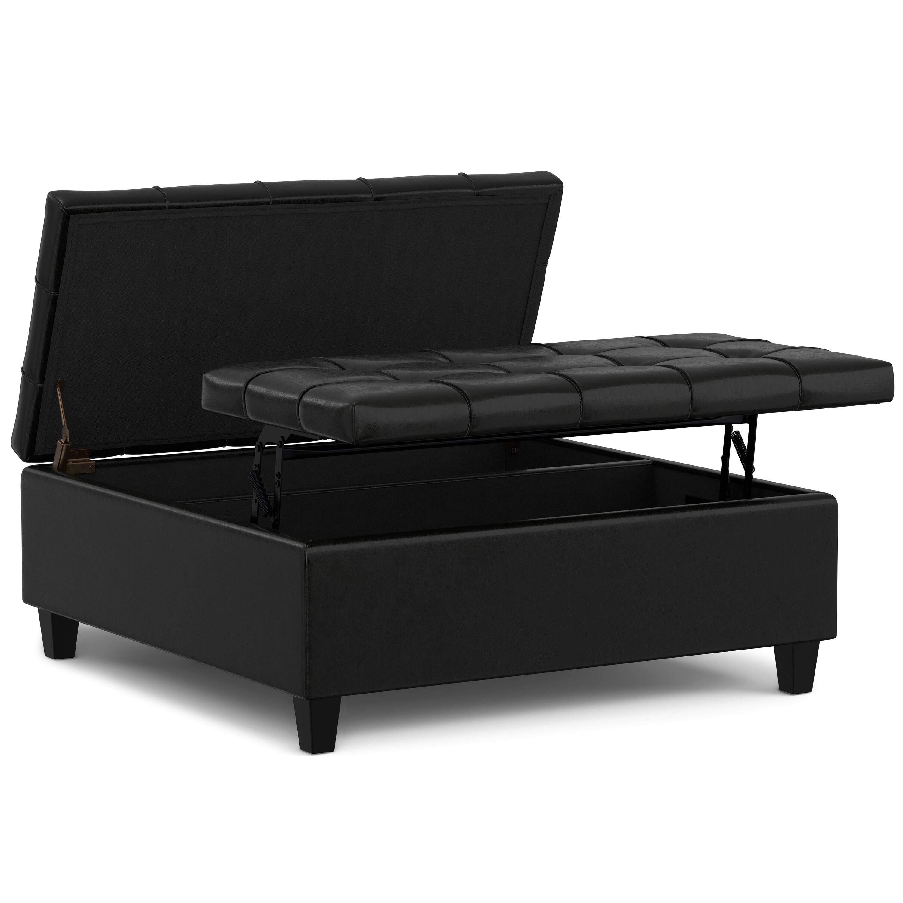 Back. Simpli Home - Harrison 40 inch Wide Large Square Coffee Table Storage Ottoman in Midnight Black Vegan Leather - Midnight Black.