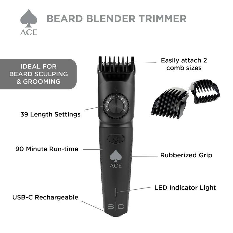 BEARD BLENDER TRIMMER ACE
IDEAL FOR BEARD SCULPING & GROOMING
Easily attach 2 comb sizes
39 Length Settings
90 Minute Run-time
ACE Rubberized Grip
USB-C Rechargeable
S C LED Indicator Light