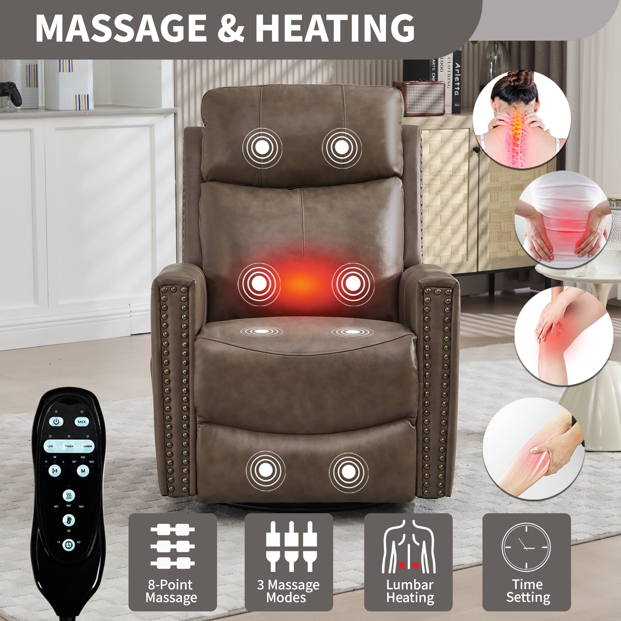 MASSAGE & HEATING

- 8-Point Massage
- 3 Massage Modes
- Lumbar Heating
- Time Setting