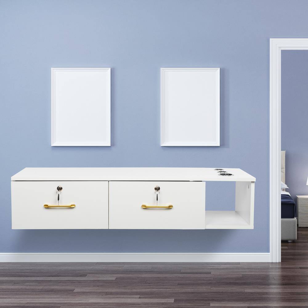 Left. Winado - Multifunctional Wall Mount Salon Station Bedroom Vanity with Locking Drawer & 3 Hair Dryer Holders  for Makeup Studios - White.