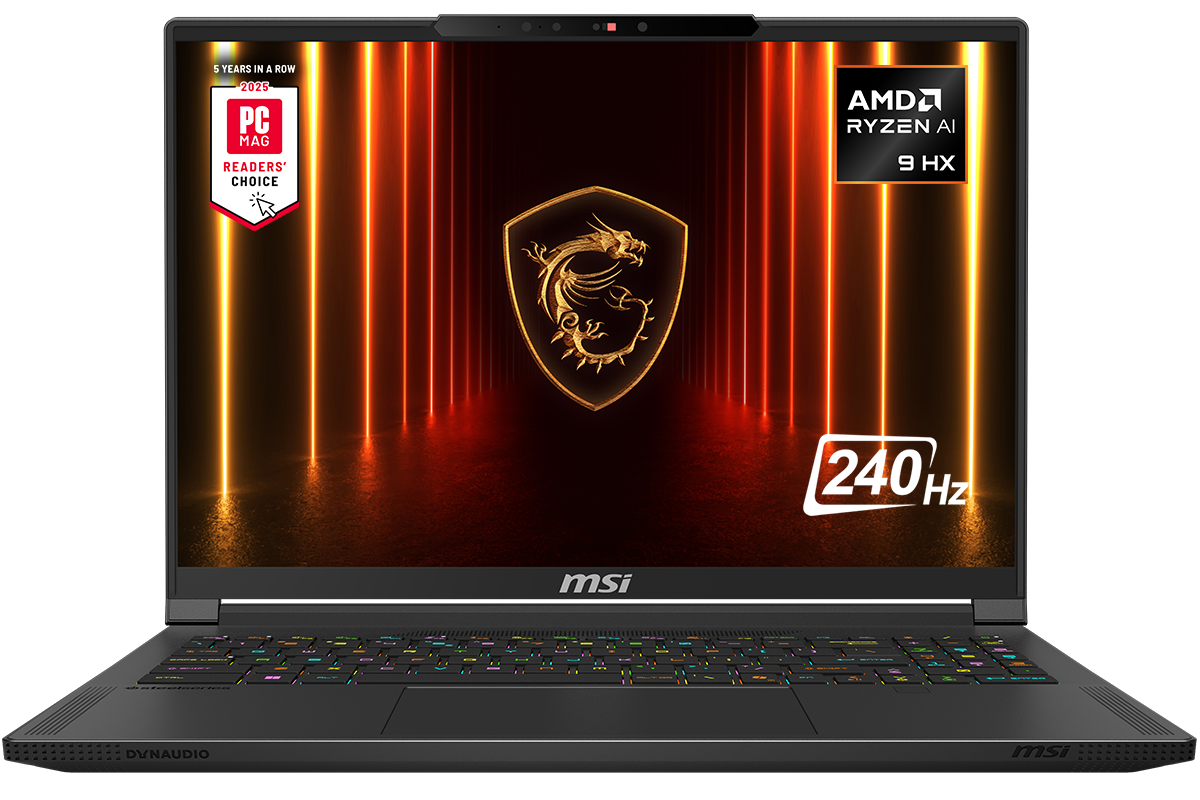 MSI - Stealth A16 AI+ 16" 240 Hz Gaming Laptop QHD+ - AMD Ryzen AI 9 HX 370 with 32GB Memory - GeForce RTX 5070Ti - 2TB SSD - Core Black, Black - Front_Zoom