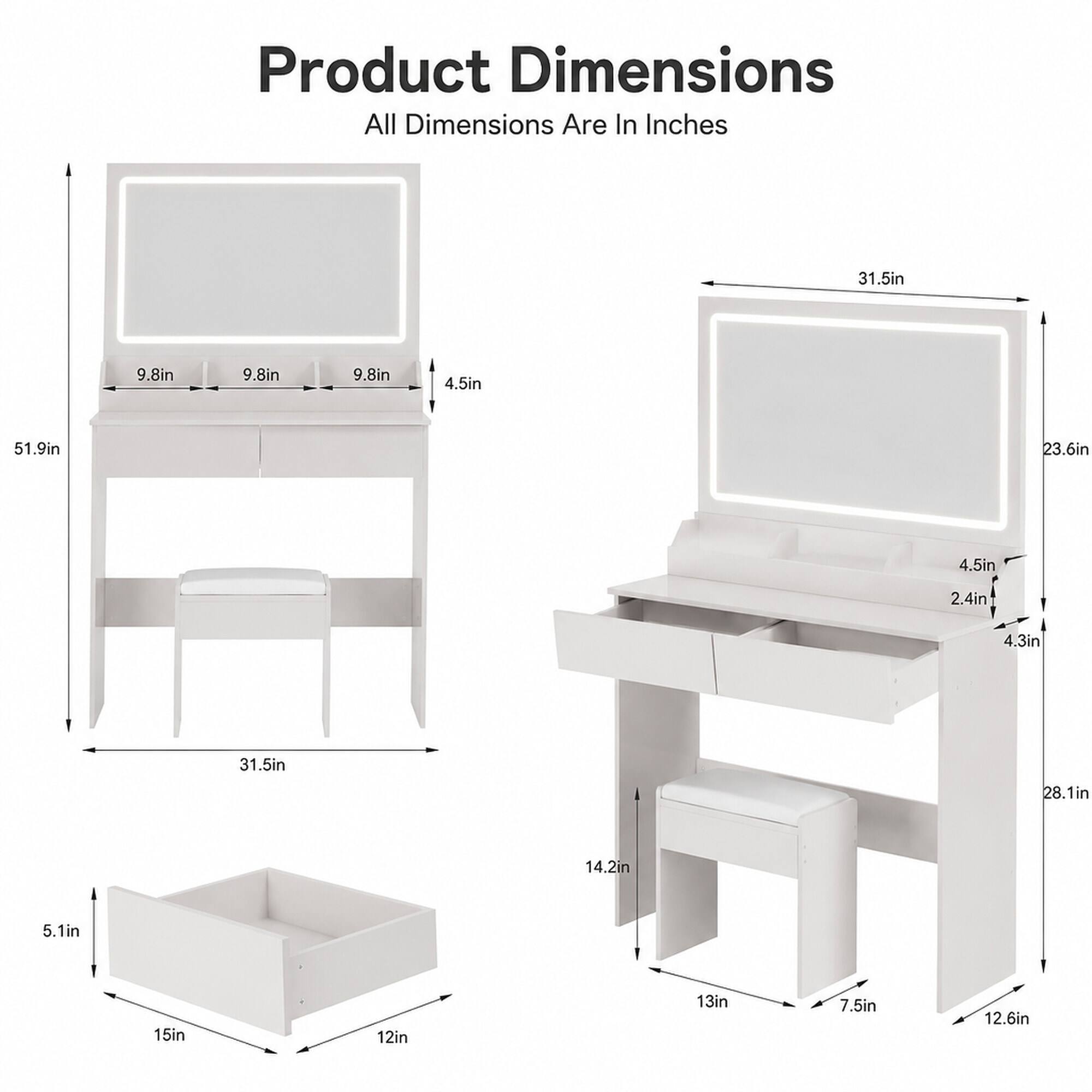 Product Dimensions
All Dimensions Are In Inches

- 31.5in
- 9.8in
- 9.8in
- 9.8in
- 4.5in
- 51.9in
- 23.6in
- 4.5in
- 2.4in
- 4.3in
- 31.5in
- 28.1in
- 14.2in
- 5.1in
- 15in
- 12in
- 13in
- 7.5in
- 12.6in