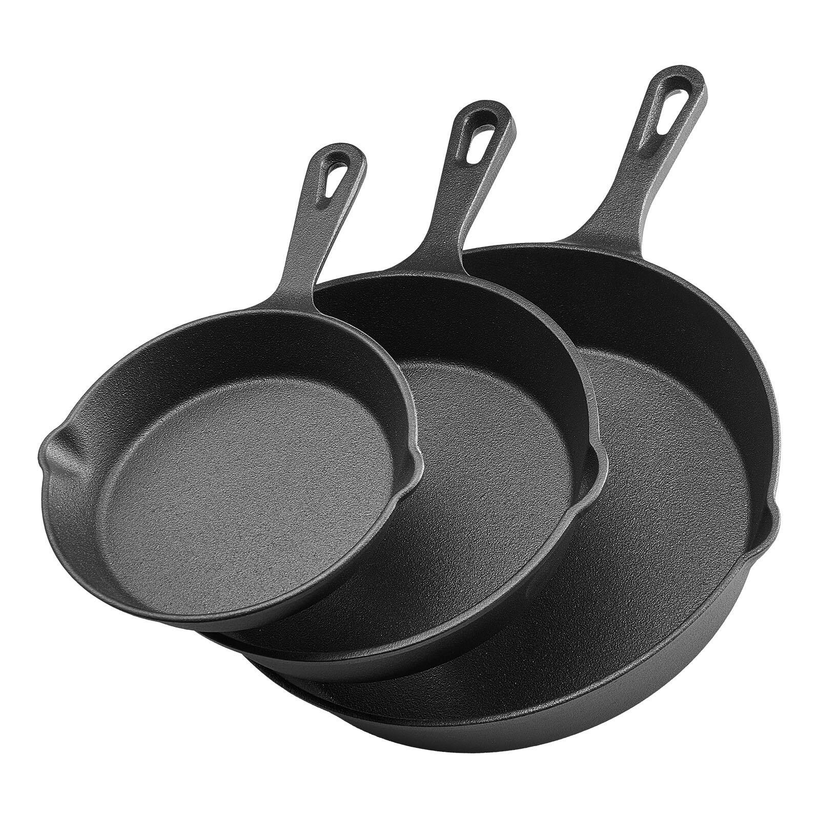 Glintex - Cast Iron Skillet Frying Pan Set, 3 Piece Heavy-Duty Pre-Seasoned Cookware for Oven, Gas, and Induction Use - Black