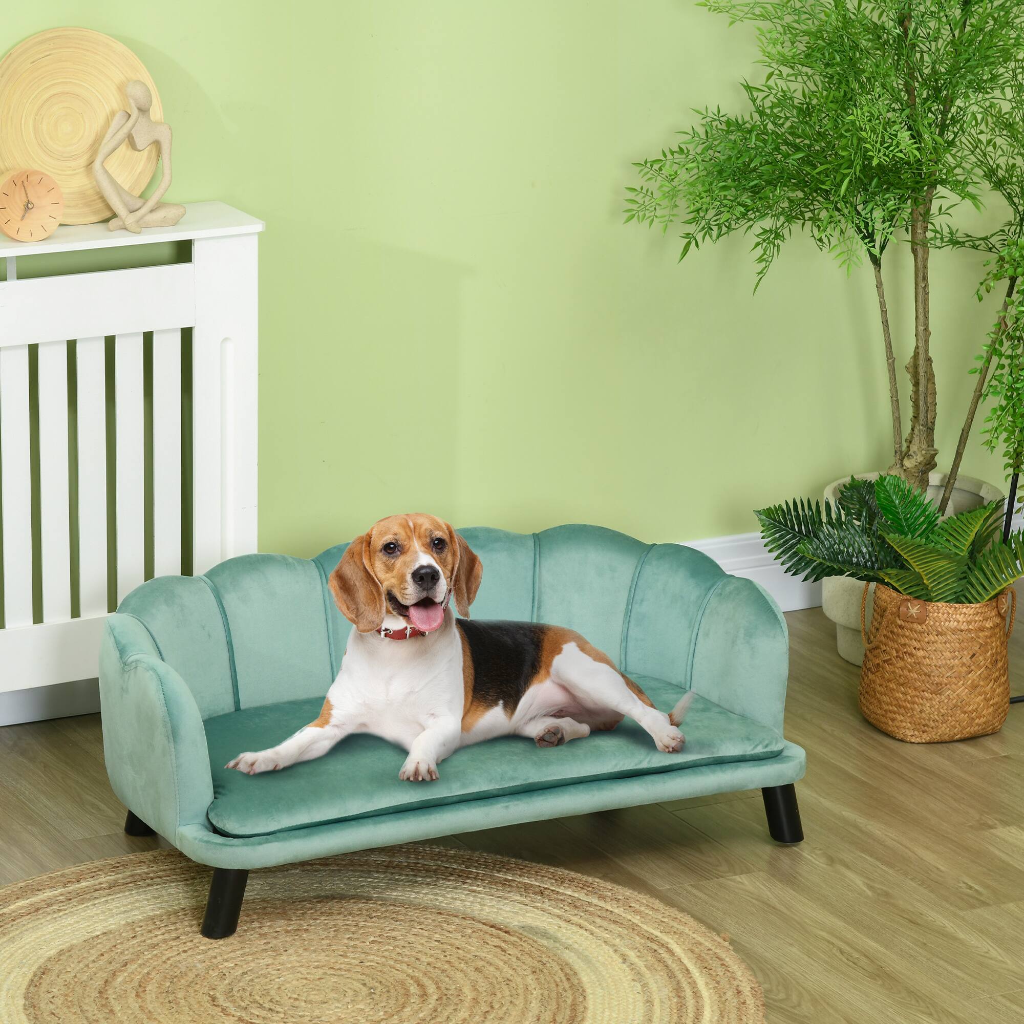 Angle. Pawhut - Velvet Large Dog Couch with Foam Cushion, Soft and Cute Dog Bed with Pearl Design, Big and Medium Dogs - Green.