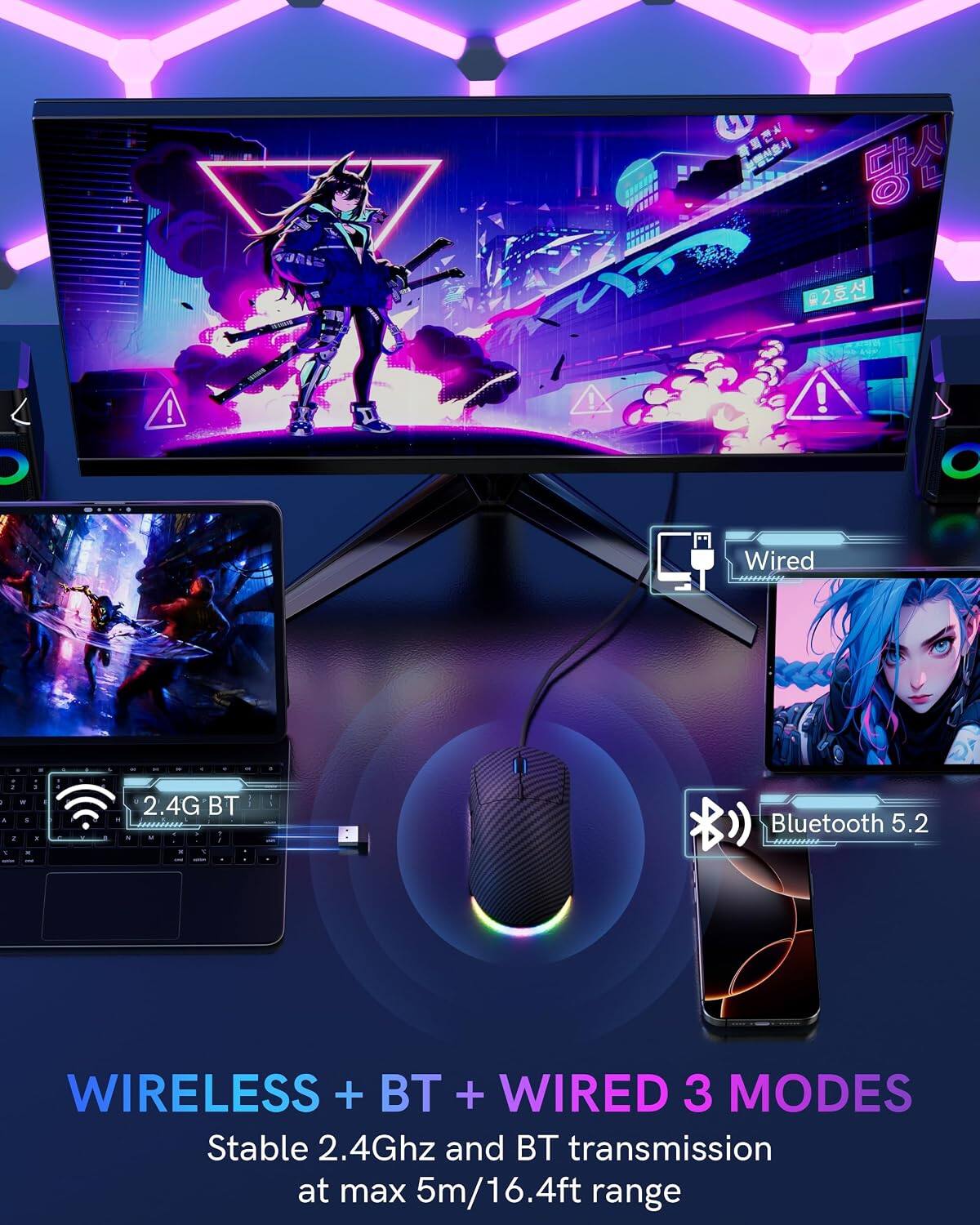 WIRELESS + BT + WIRED 3 MODES  
Stable 2.4Ghz and BT transmission at max 5m/16.4ft range