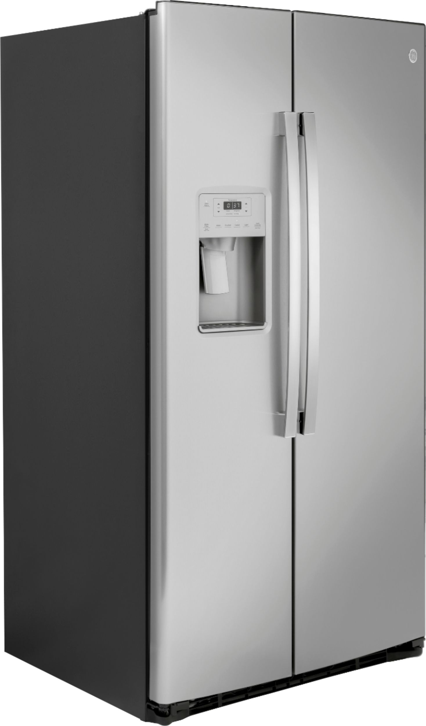 Angle View: GE - 25.1 Cu. Ft. Side-By-Side Refrigerator with External Ice & Water Dispenser - Stainless Steel