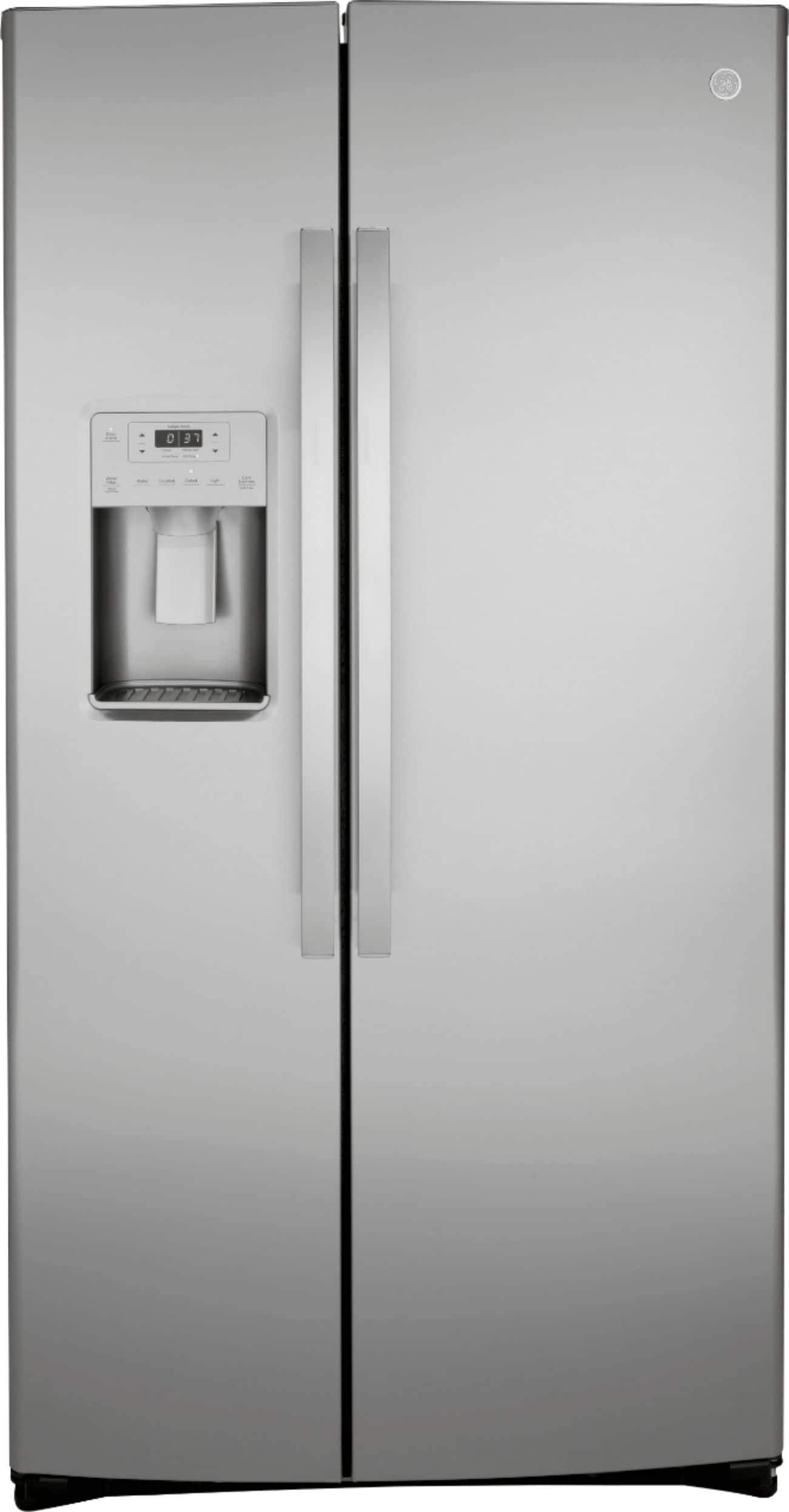 Front. GE - 25.1 Cu. Ft. Side-By-Side Refrigerator with External Ice & Water Dispenser - Stainless Steel.