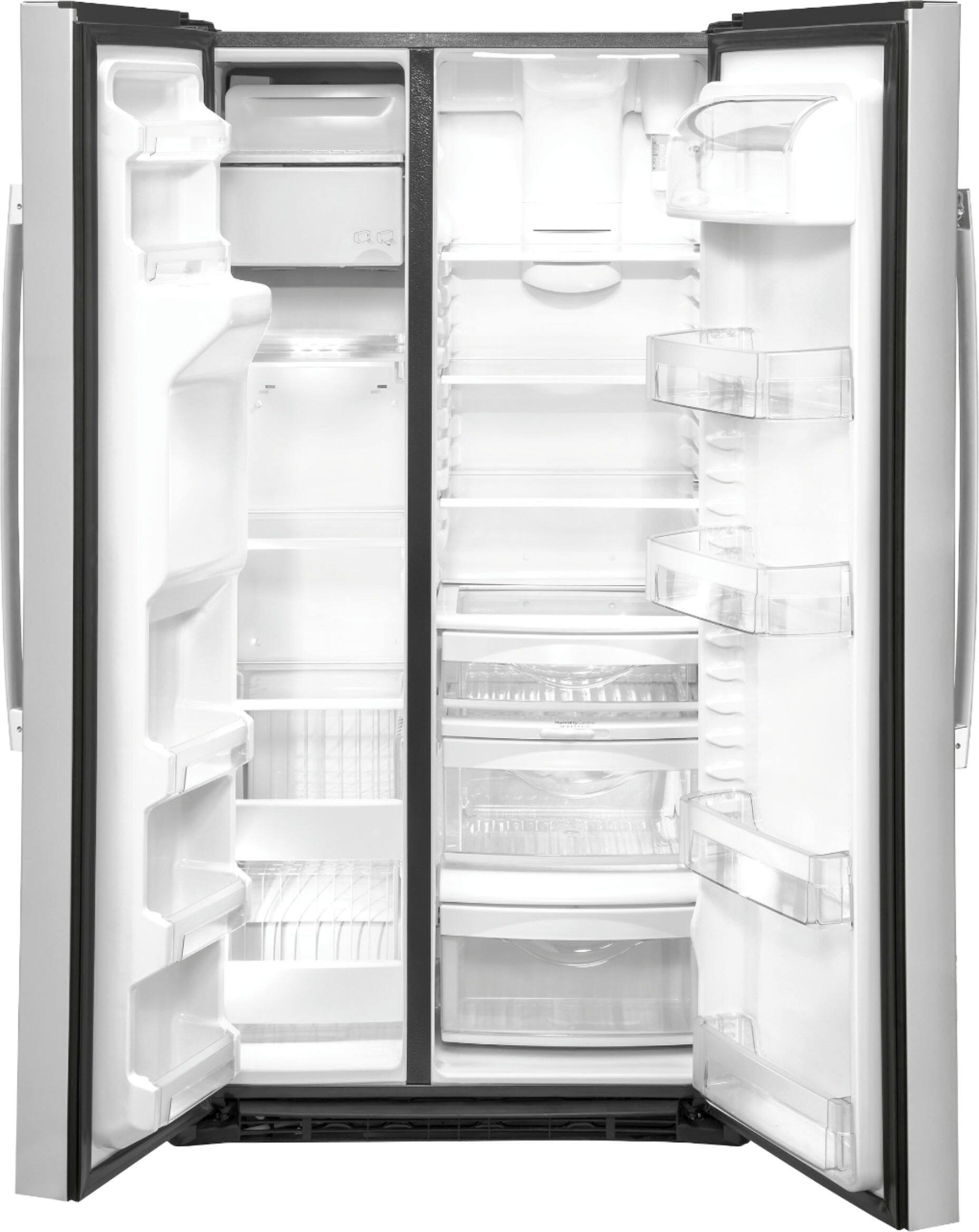 Left. GE - 21.8 Cu. Ft. Side-by-Side Counter-Depth Refrigerator - Stainless Steel.