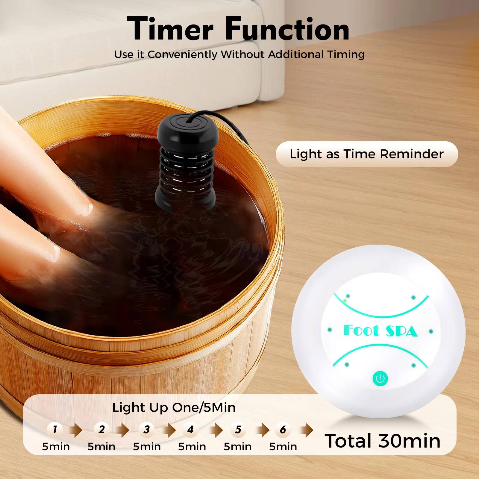 Timer Function  
Use it Conveniently Without Additional Timing  

Light as Time Reminder  

Light Up One/5Min  
1. 5min  
2. 5min  
3. 5min  
4. 5min  
5. 5min  
6. 5min  

Total 30min  

Foot SPA