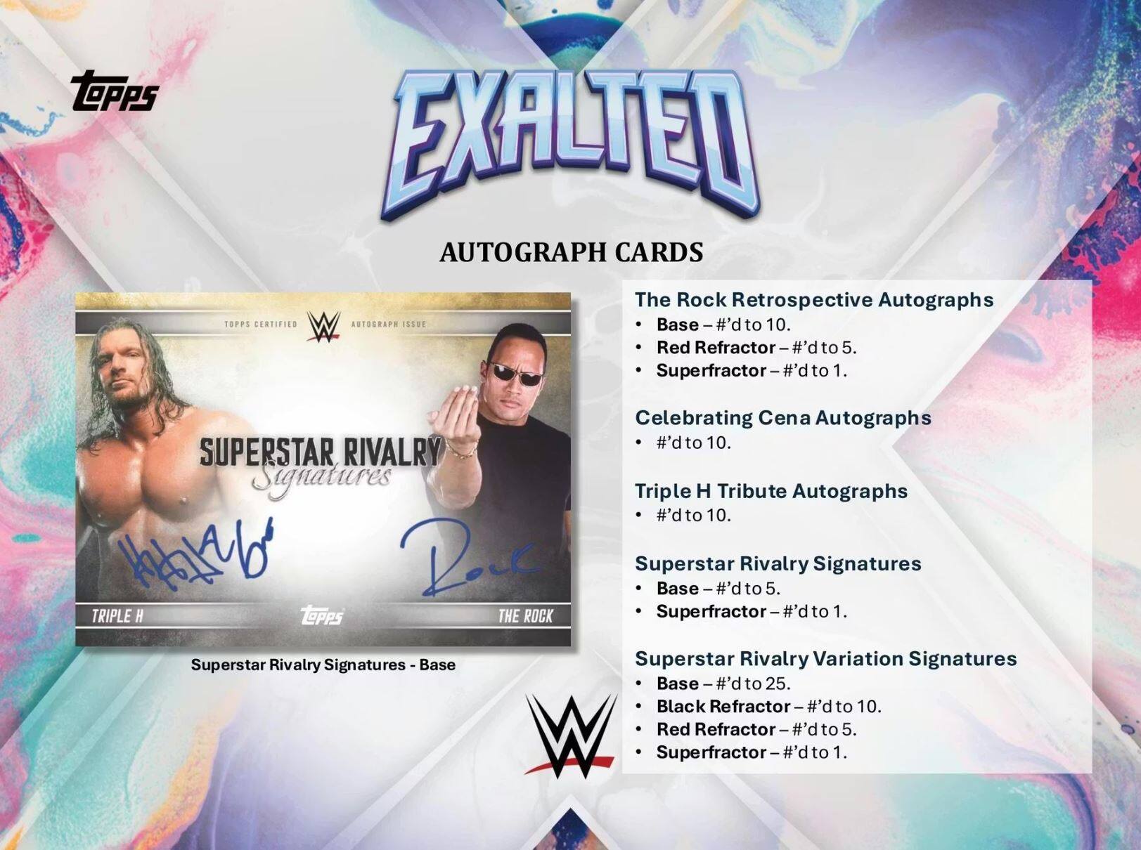 **EXALTED AUTOGRAPH CARDS**

- **The Rock Retrospective Autographs**
  - Base – #’d to 10.
  - Red Refractor – #’d to 5.
  - Superfractor – #’d to 1.

- **Celebrating Cena Autographs**
  - #’d to 10.

- **Triple H Tribute Autographs**
  - #’d to 10.

- **Superstar Rivalry Signatures**
  - Base – #’d to 5.
  - Superfractor – #’d to 1.

- **Superstar Rivalry Variation Signatures**
  - Base – #’d to 25.
  - Black Refractor – #’d to 10.
  - Red Refractor – #’d to 5.
  - Superfractor – #’d to 1.