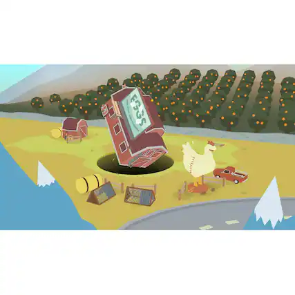The image features a scene with a large TV on its side, surrounded by various objects such as a car, a truck, a chair, and a bench. There is also a chicken in the scene, possibly indicating a farm setting. The image is colorful and cartoon-like, with a mix of objects and animals. - E (Everyone)