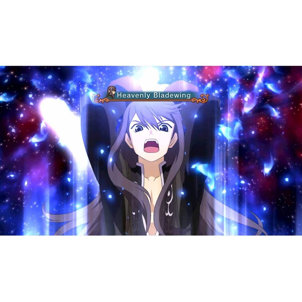 The image features a woman with a sword in her hand, standing in front of a starry background. She appears to be in the middle of a battle or an intense situation. The woman is wearing a black jacket and has her mouth open, possibly yelling or expressing her determination. The scene is set against a backdrop of a starry sky, which adds to the dramatic atmosphere of the image.