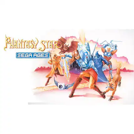 The image features a group of people, likely characters from a video game, standing on a beach. The largest text in the image reads "Planty Star Sega Ages." The characters are posed in various positions, with some holding weapons and others interacting with each other. The scene appears to be a promotional image for the game, showcasing the characters and their environment. - E10+ (Everyone 10+)