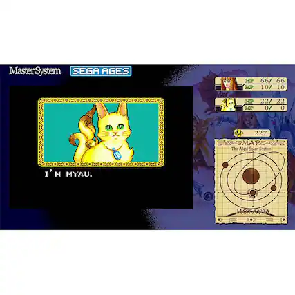 The image features a video game with a cat character on the screen, along with a map of the Algol Solar System. The game is part of the Master System SEGA AGES collection. The cat character is named I'M MYAU. - E10+ (Everyone 10+)