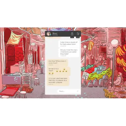 The largest text in the image is "NE Nour Online 1". Based on the image, it appears that the conversation is taking place in a restaurant setting, with a dining table and chairs visible in the background. The conversation seems to be lighthearted and playful, with one person sharing fun facts about Izmir while the other person tries to sneak in a history lesson. The text is written in a cartoon-like style, adding a fun and engaging atmosphere to the scene. - E10+ (Everyone 10+)