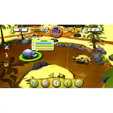 The image shows a video game with a character in a jungle setting. The character is standing on a rock, and there is a crocodile nearby. The game has a scoreboard with various numbers and symbols, including a dollar sign. The scoreboard also displays the character's name, Matondo, and the current score. The game appears to be a simulation or adventure game, with the character possibly being a bear.