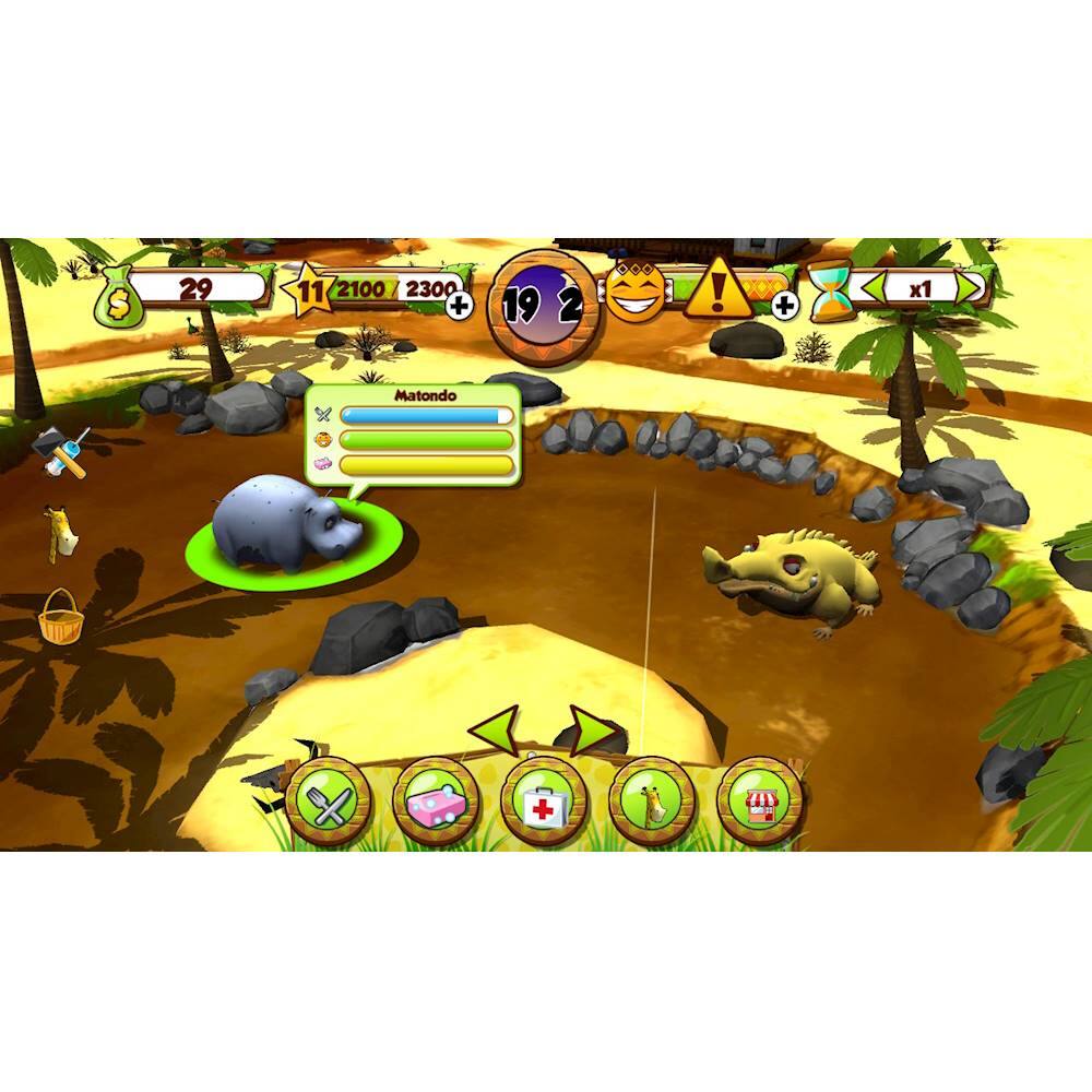 The image shows a video game with a character in a jungle setting. The character is standing on a rock, and there is a crocodile nearby. The game has a scoreboard with various numbers and symbols, including a dollar sign. The scoreboard also displays the character's name, Matondo, and the current score. The game appears to be a simulation or adventure game, with the character possibly being a bear.