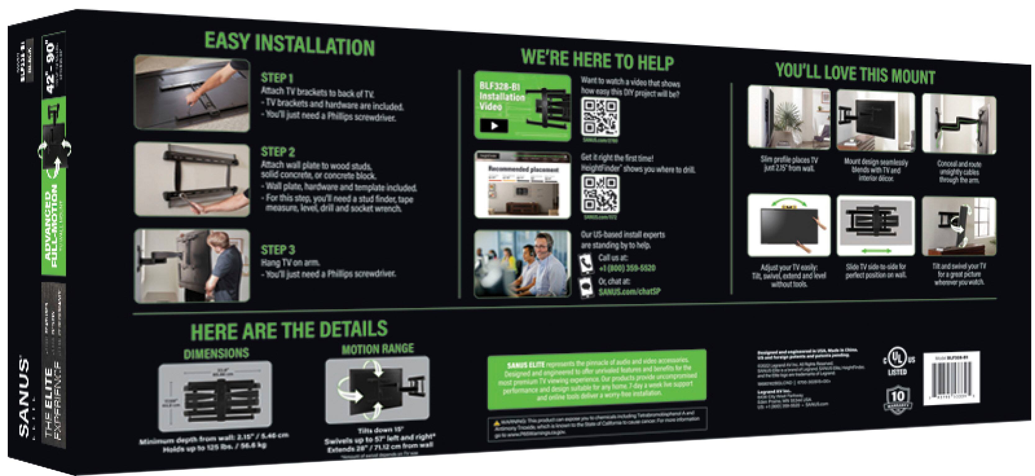 Alt View 19. SANUS Elite - Advanced Full-Motion TV Wall Mount for Most 42"-90" TVs up to 125 lbs - Tilts, Swivels, and Extends up to 28" From Wall - Black Brushed Metal.