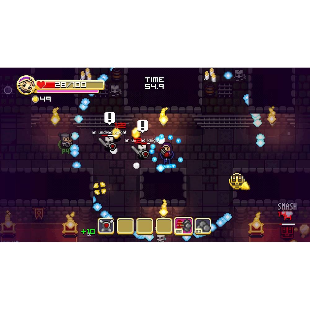 The image shows a video game with a group of characters fighting in a dungeon. The game is set in a dark environment with a time limit of 54.9 seconds. The characters are equipped with various weapons, such as swords and guns, to fight against the undead. The game also features a scoreboard, which shows the progress and performance of the players. The game is likely a first-person shooter or an action-adventure game, as the characters are actively engaged in combat. - E10+ (Everyone 10+)