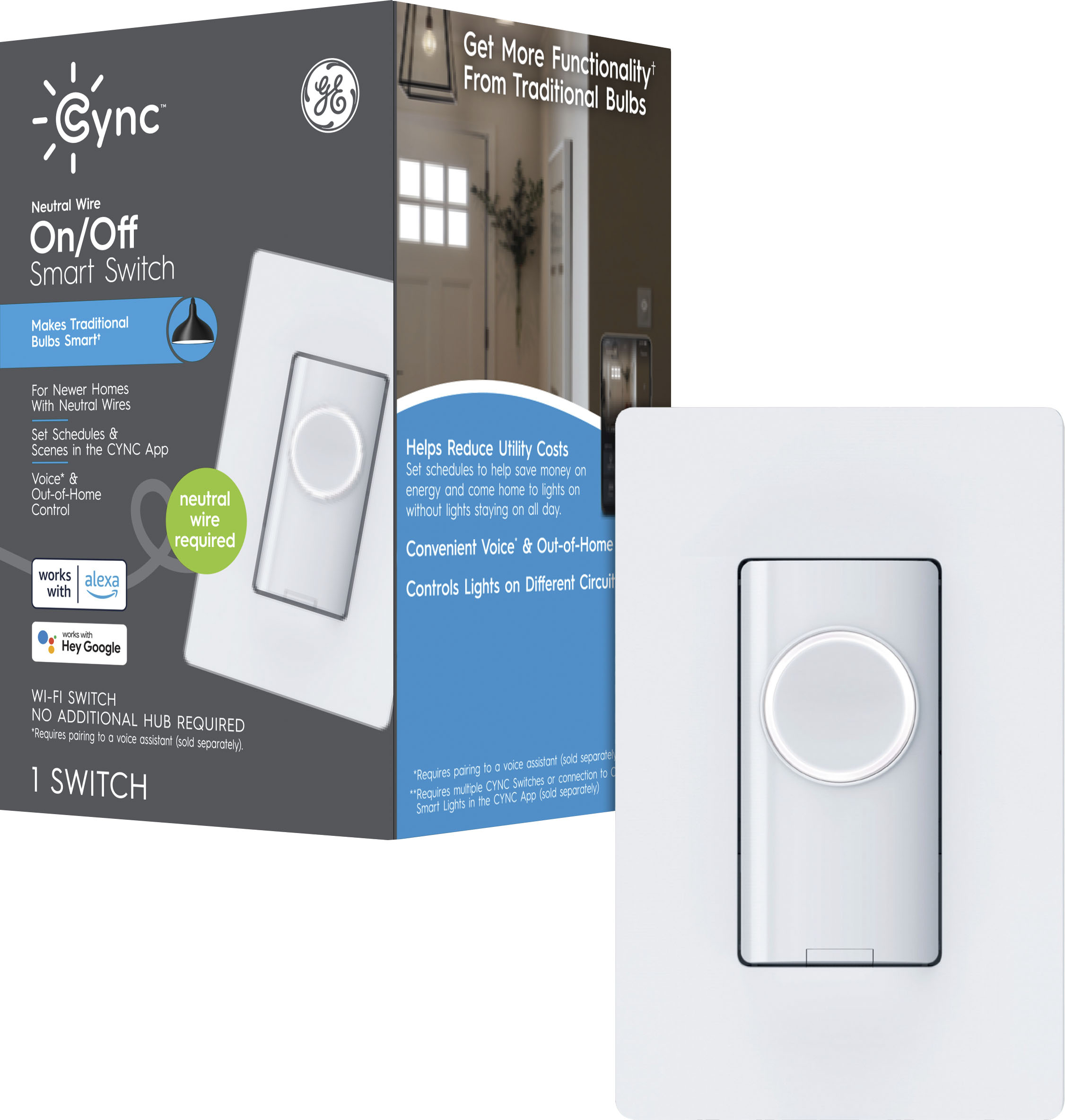 GE - CYNC Smart Switch, Neutral Wire Required, On-Off Toggle Style with Bluetooth and 2.4 GHz Wifi (Packing May Vary) - White
