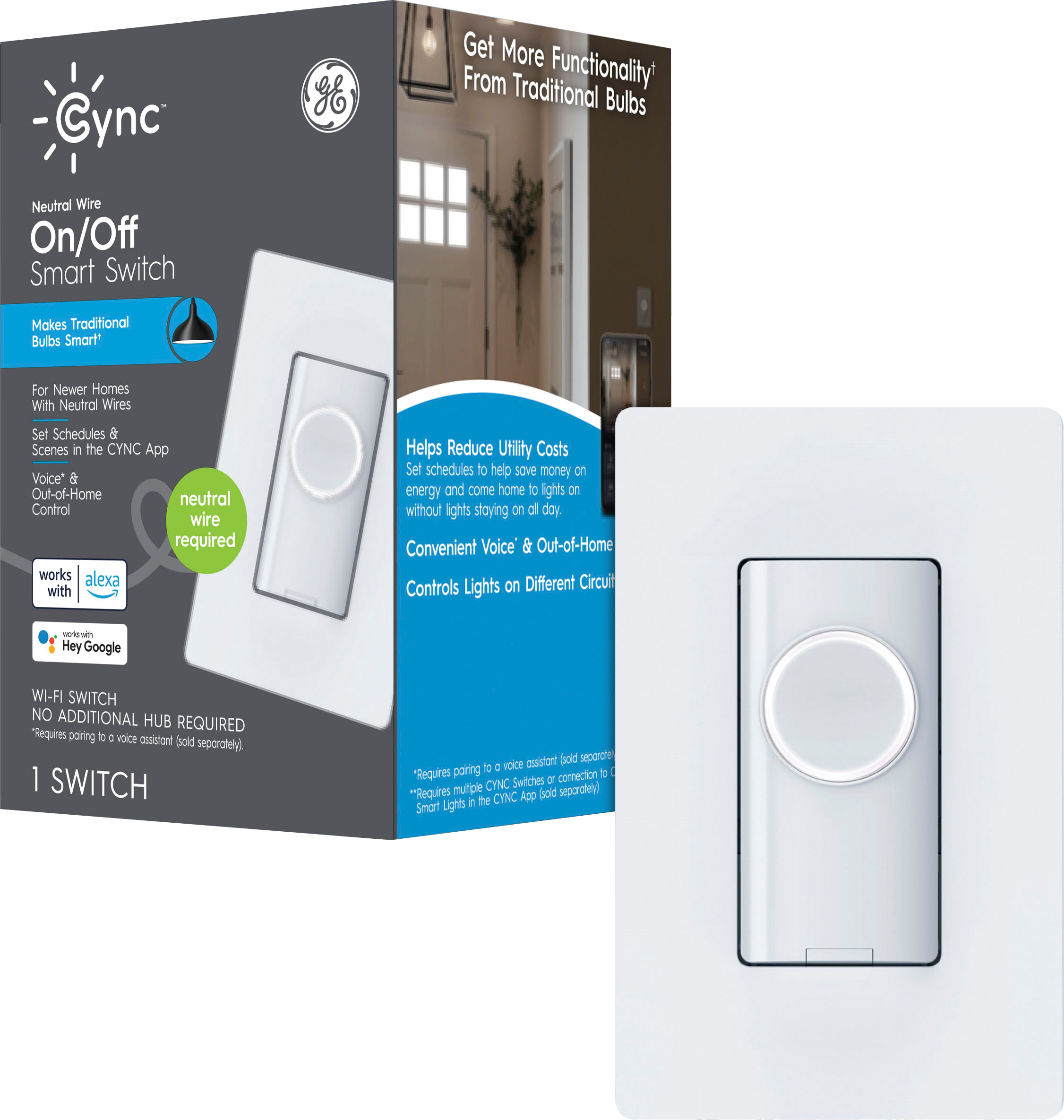 

GE - CYNC Smart Switch, Neutral Wire Required, On-Off Paddle Style with Bluetooth and 2.4 GHz Wifi (Packing May Vary) - White