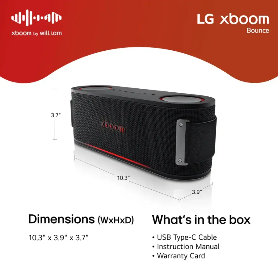 The text on the image is grouped and corrected as follows:

xboom by will.i.am LG xboom Bounce 3.7" x 10.3" x 3.9"
I Dimensions (WxHxD)
What's in the box:
10.3" x 3.9" x 3.7"
USB Type-C Cable
Instruction Manual
Warranty Card