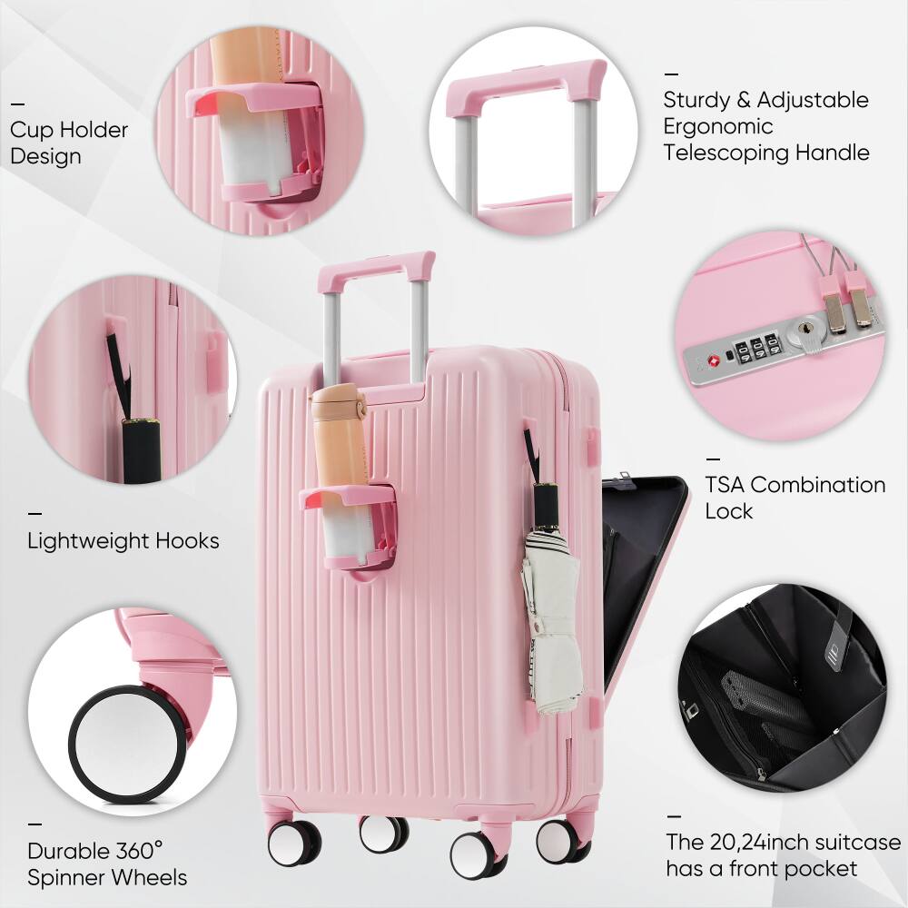 - Cup Holder Design
- Sturdy & Adjustable Ergonomic Telescoping Handle
- Lightweight Hooks
- TSA Combination Lock
- Durable 360° Spinner Wheels
- The 20, 24inch suitcase has a front pocket